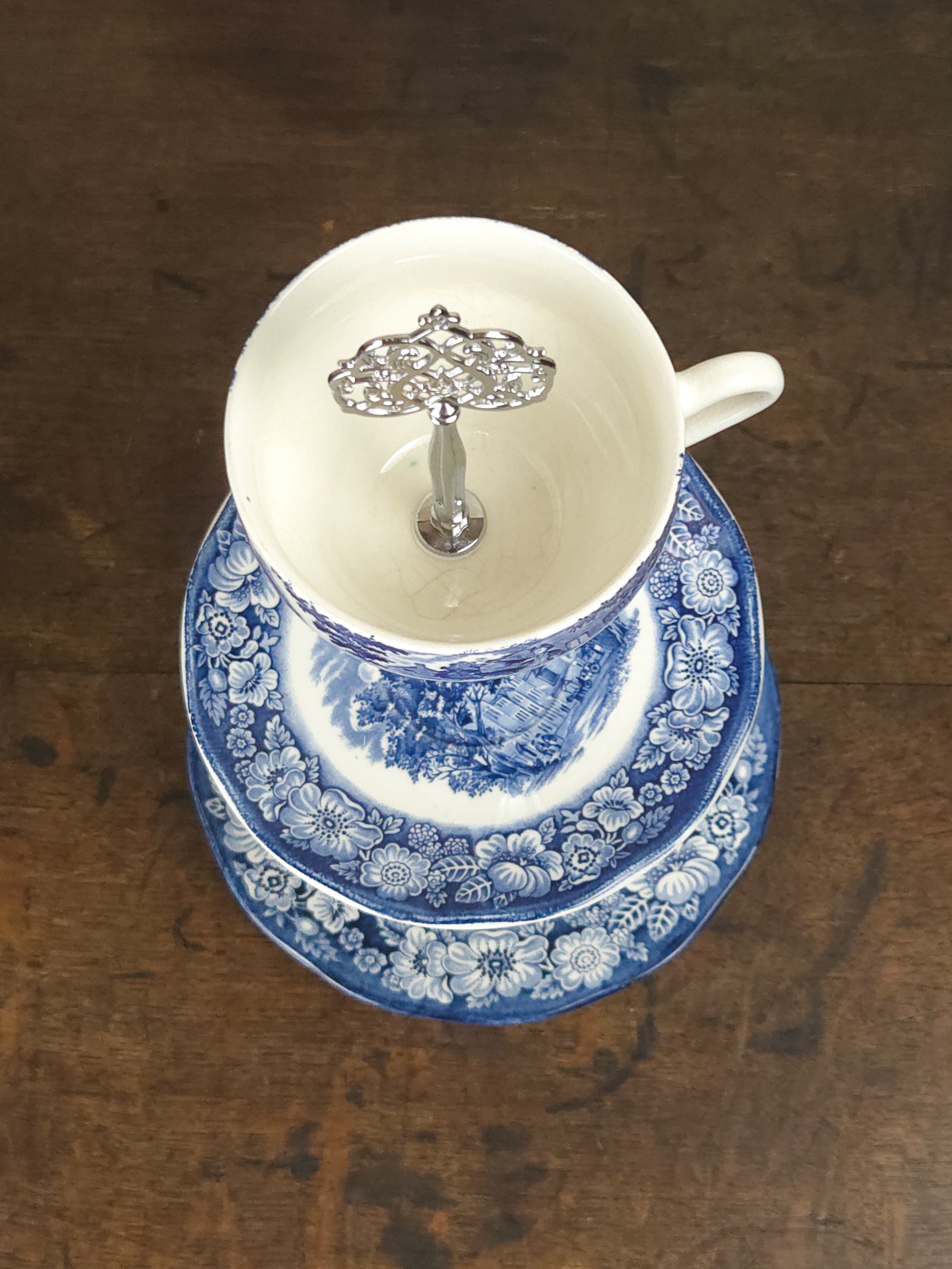 English Liberty Blue Three-Tier Teacup Cake Stand with Silver Filigree Handle