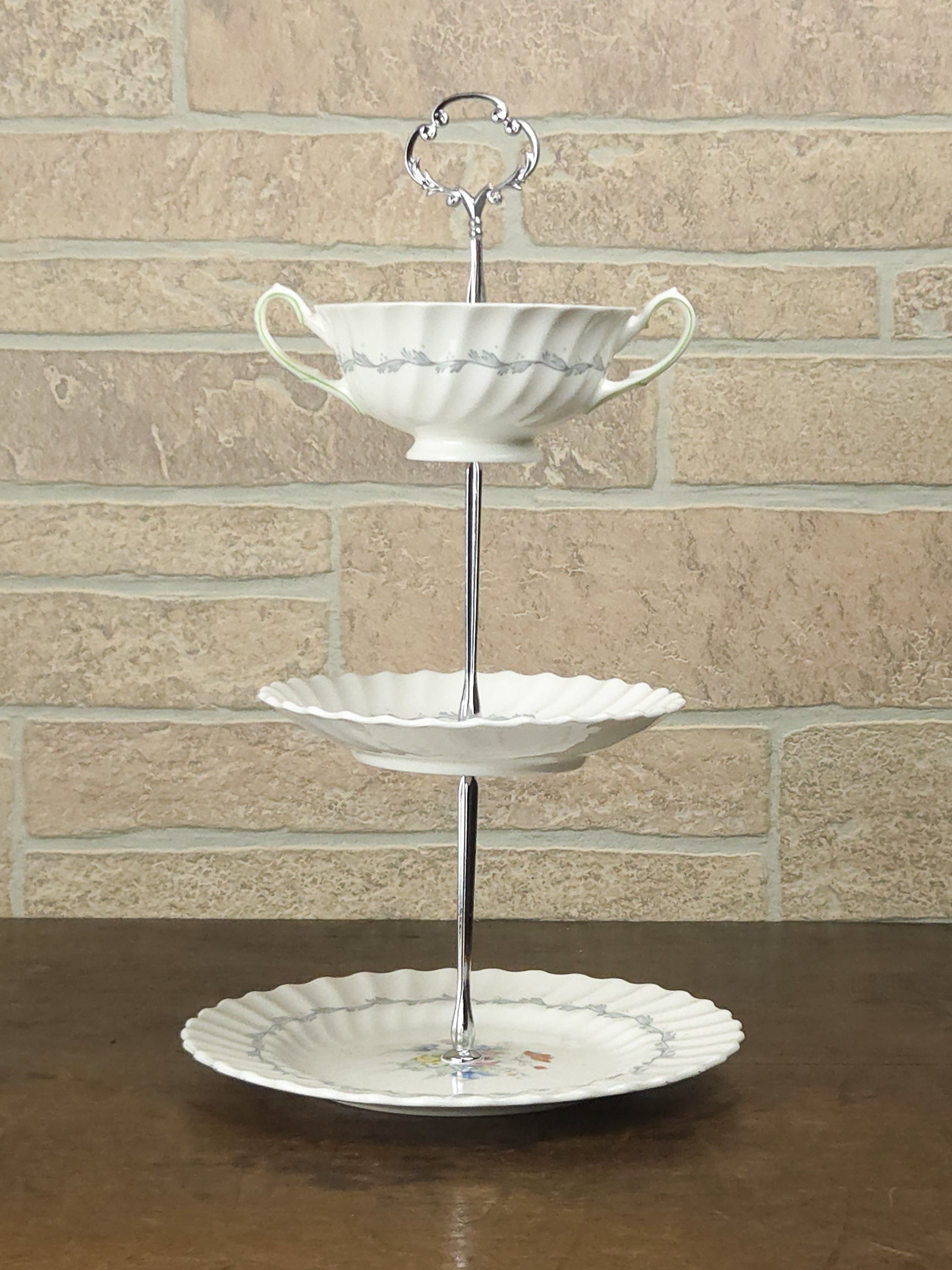 Royal Doulton Chelsea Rose Three-Tier Teacup Cake Stand with Silver Scroll Handle