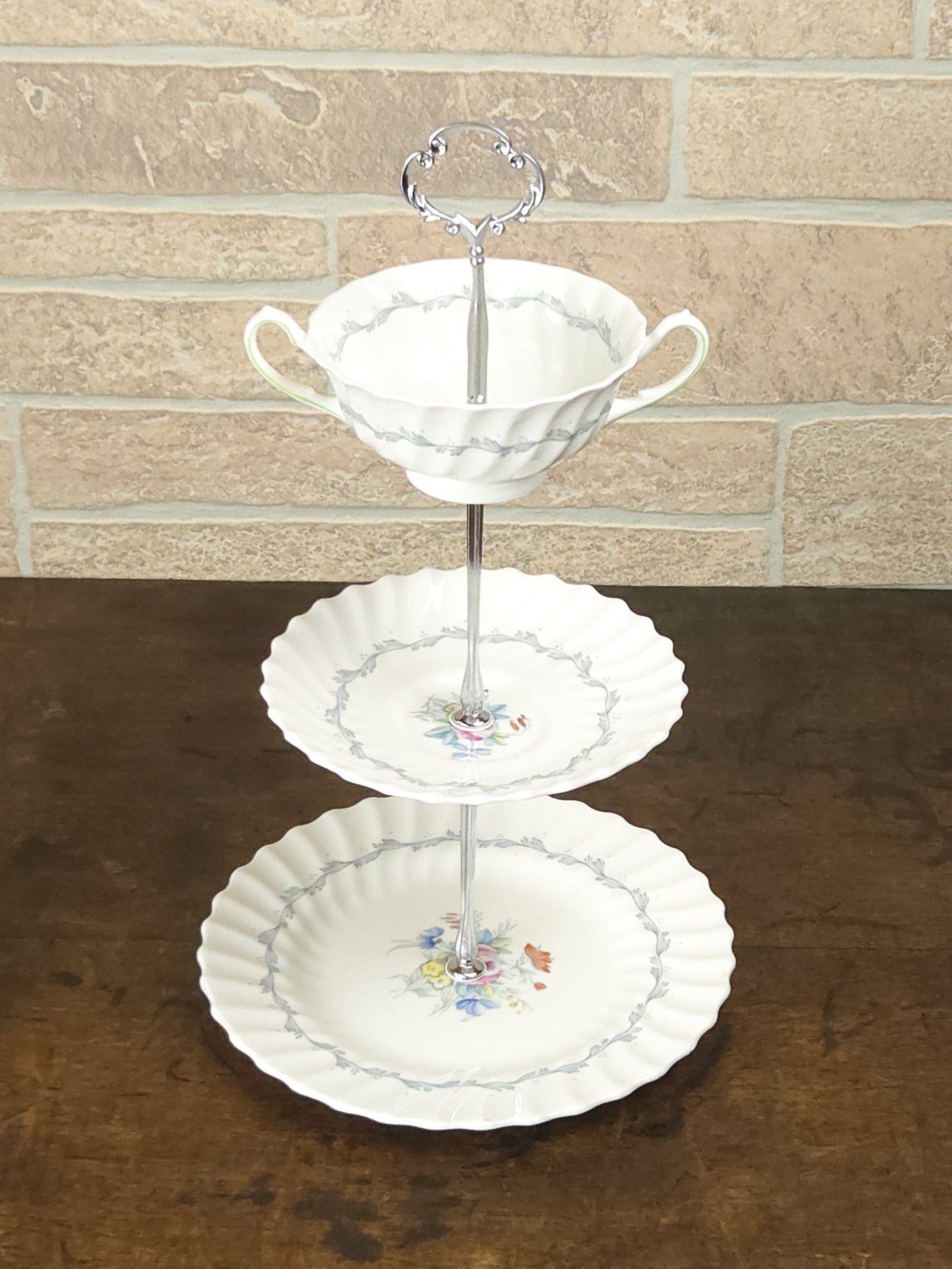 Royal Doulton Chelsea Rose Three-Tier Teacup Cake Stand with Silver Scroll Handle