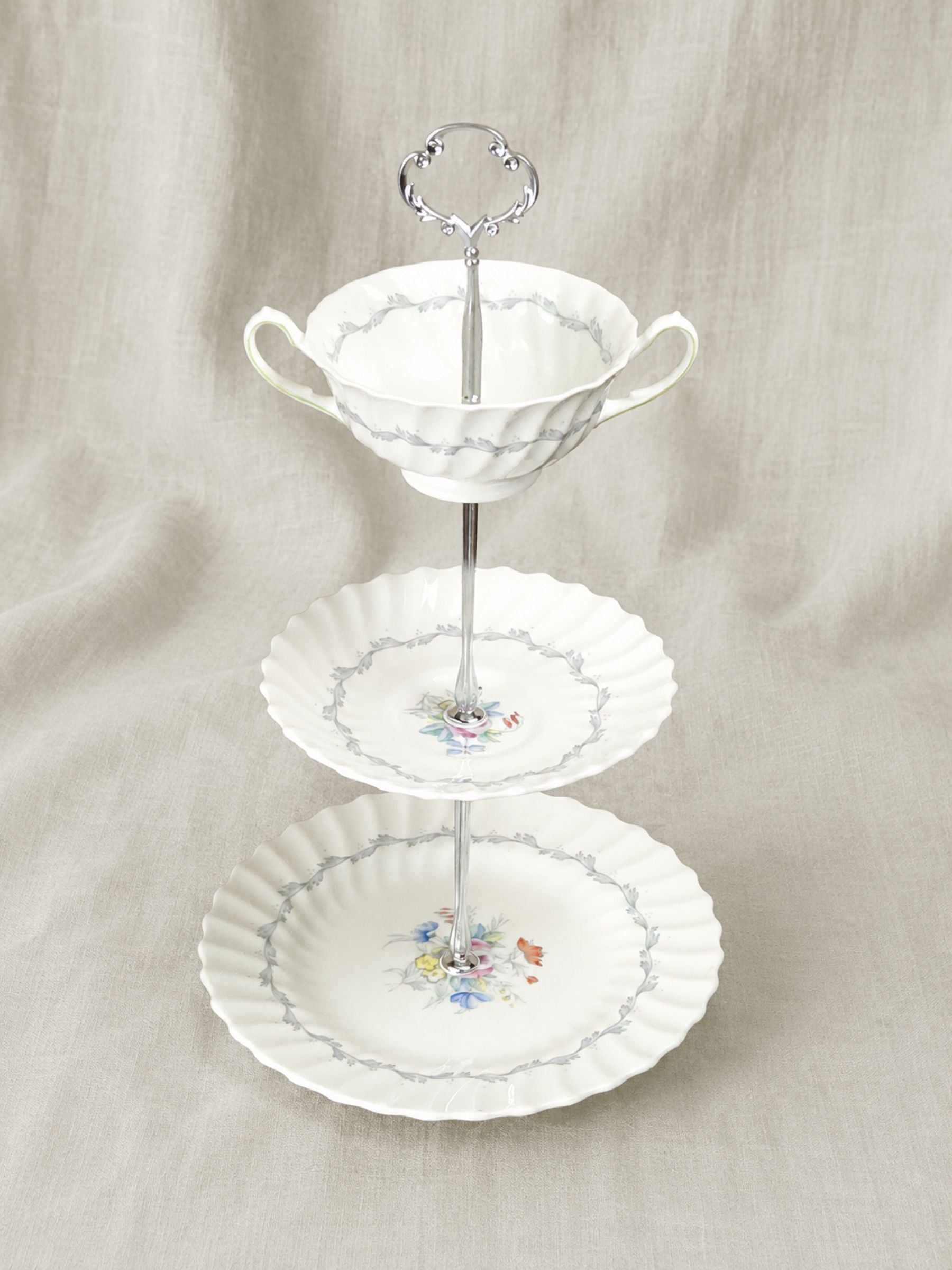 Royal Doulton Chelsea Rose Three-Tier Teacup Cake Stand with Silver Scroll Handle