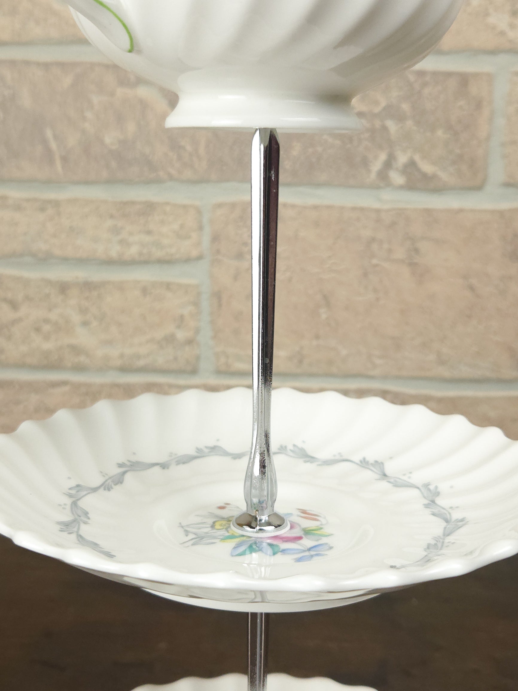 Royal Doulton Chelsea Rose Three-Tier Teacup Cake Stand with Silver Scroll Handle