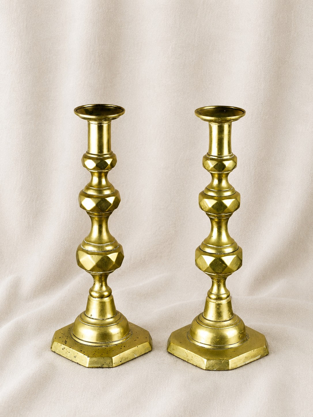 Pair of Antique Georgian English Push-Up Brass Candlesticks