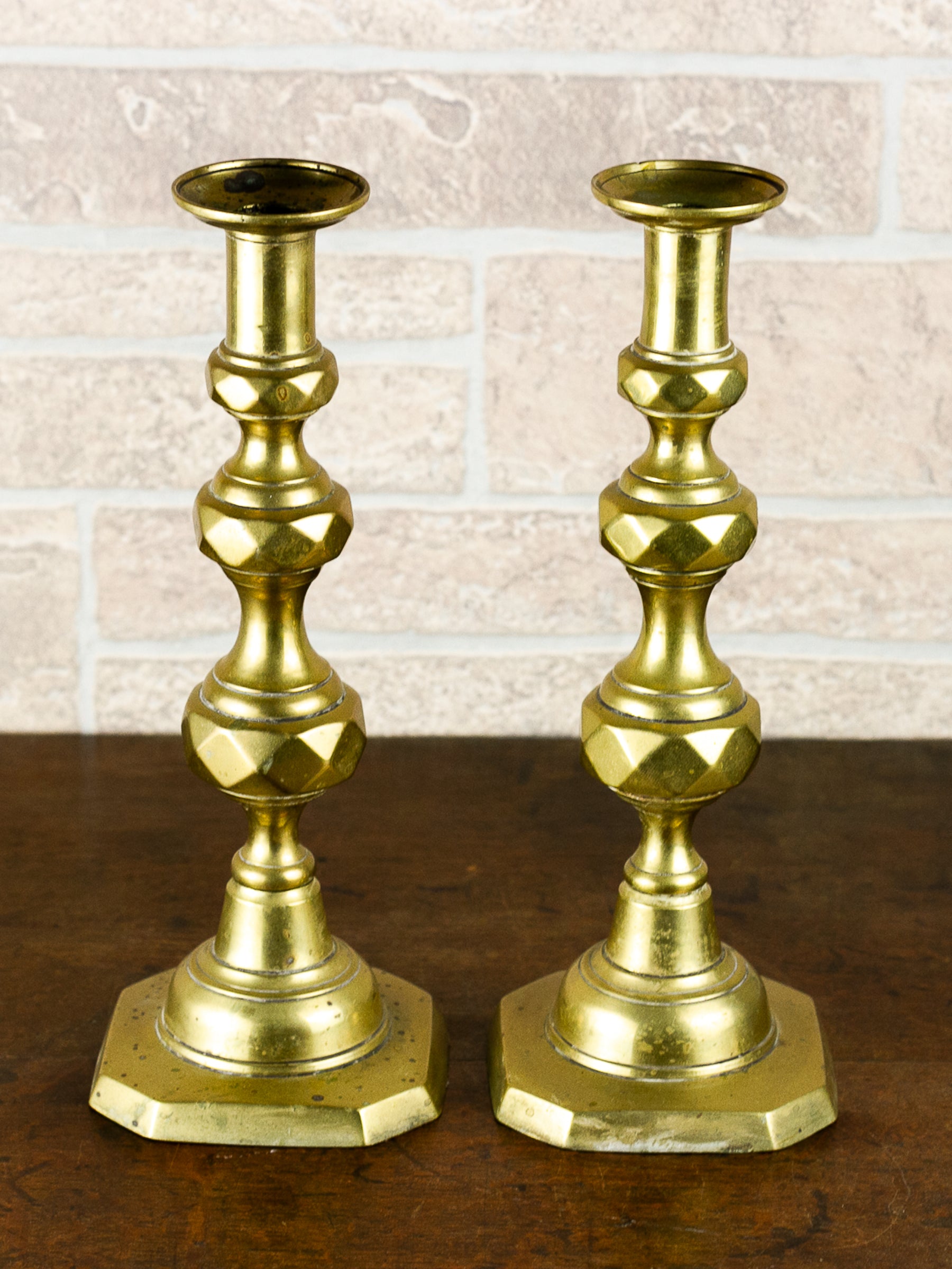 Pair of Antique Georgian English Push-Up Brass Candlesticks