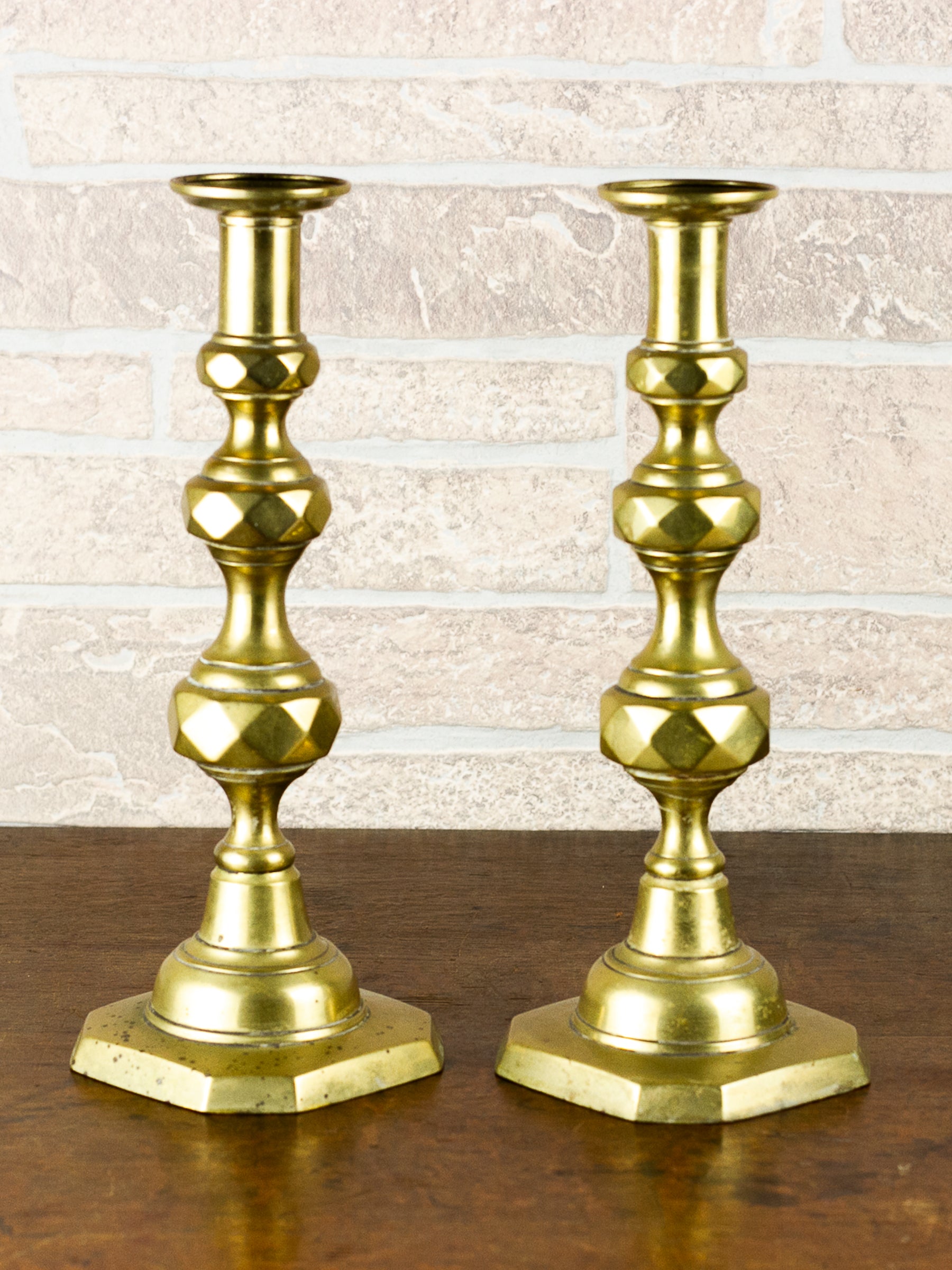 Pair of Antique Georgian English Push-Up Brass Candlesticks