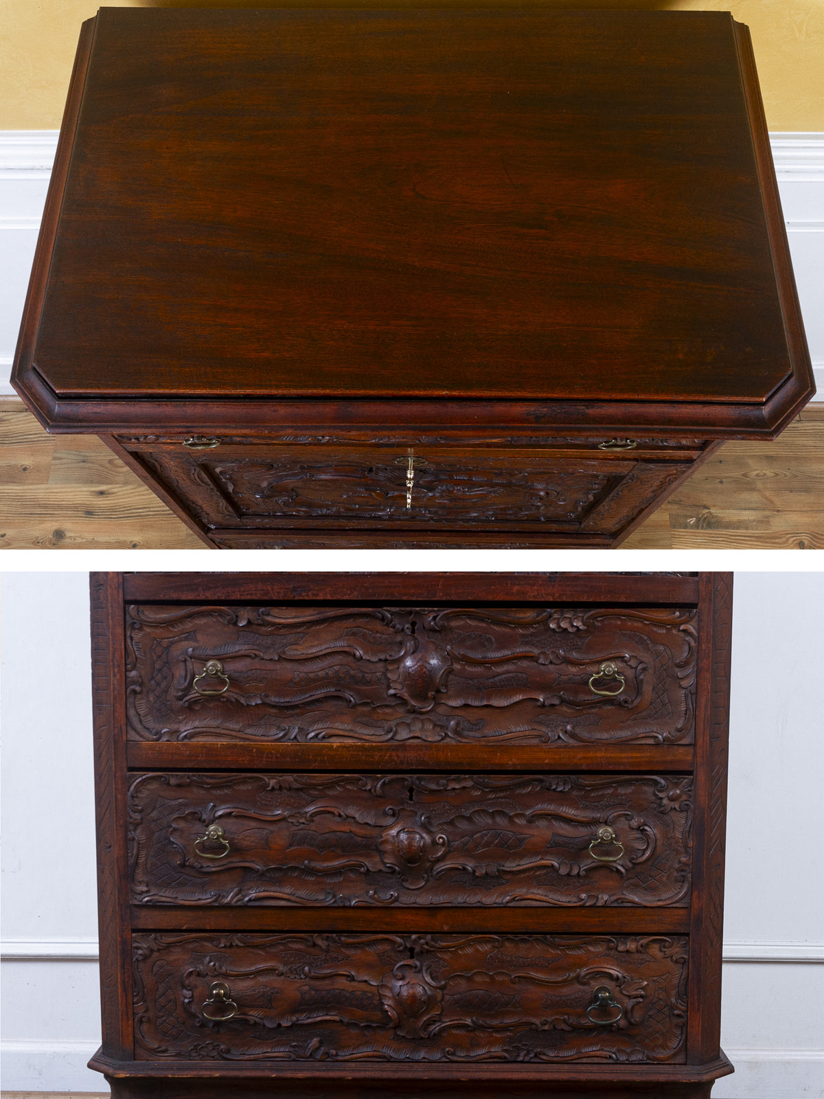 19th Century French Rococo Carved Walnut Secretary Chest with Cherub