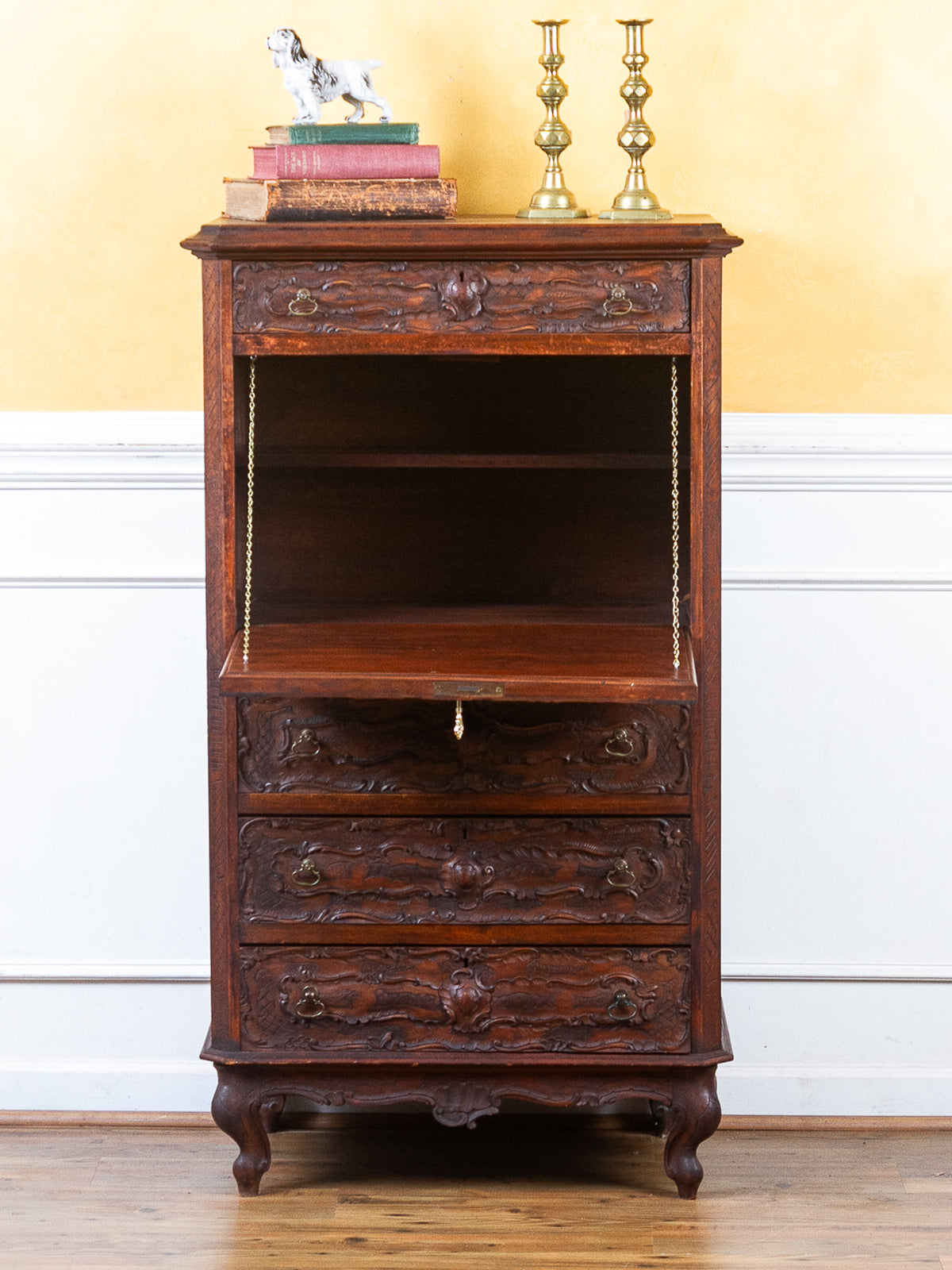 19th Century French Rococo Carved Walnut Secretary Chest with Cherub
