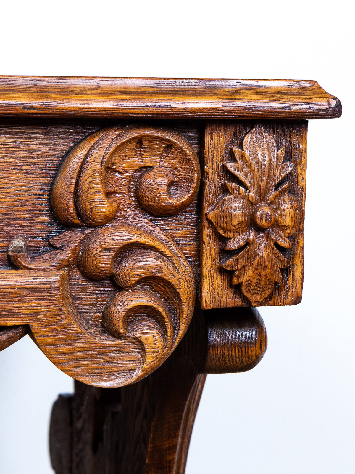 Carved Oak Console Table with Curly Heart Pine Top