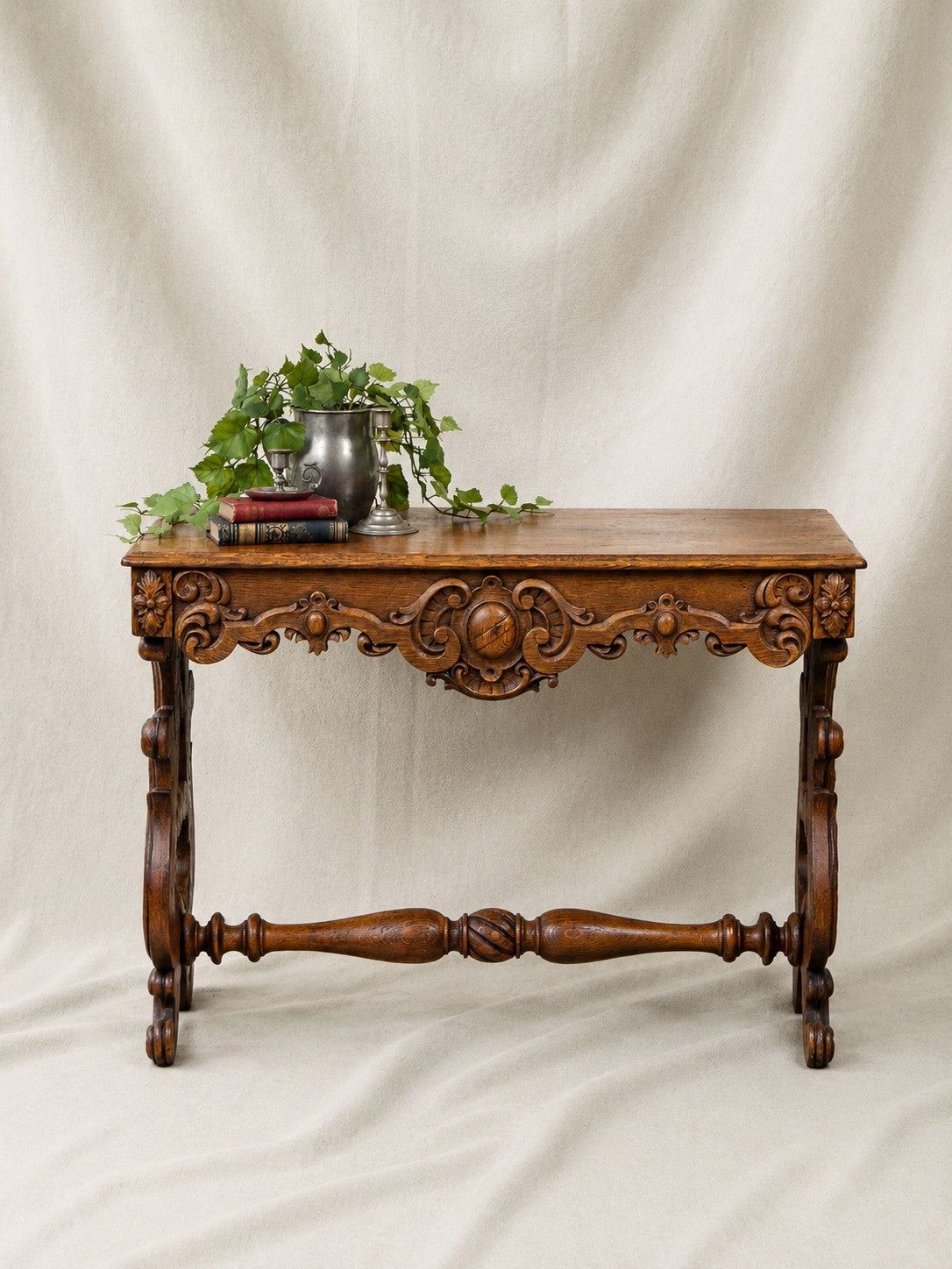 Carved Oak Console Table with Curly Heart Pine Top