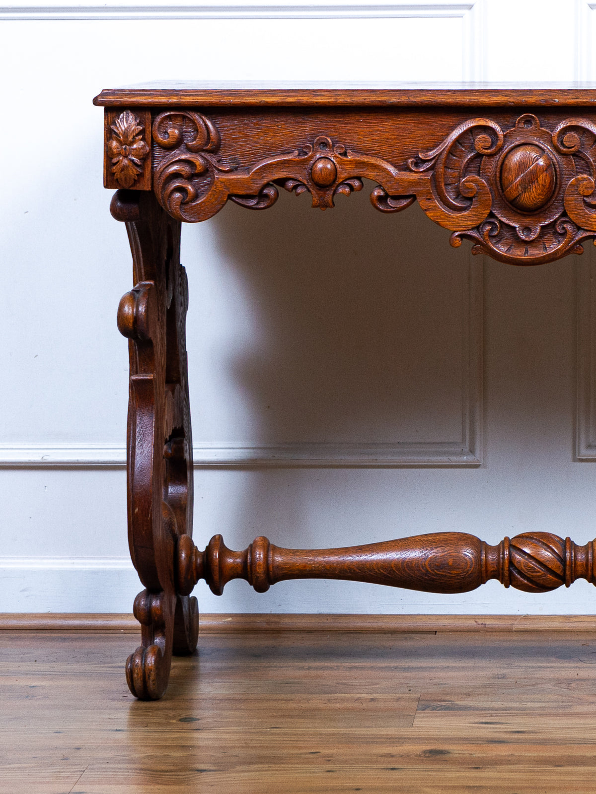 Carved Oak Console Table with Curly Heart Pine Top