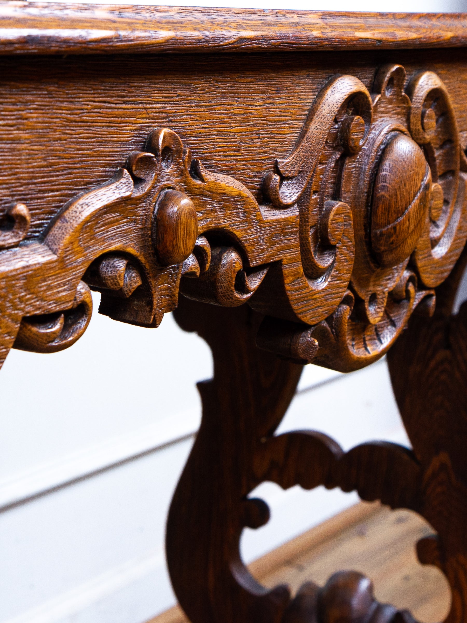 Carved Oak Console Table with Curly Heart Pine Top