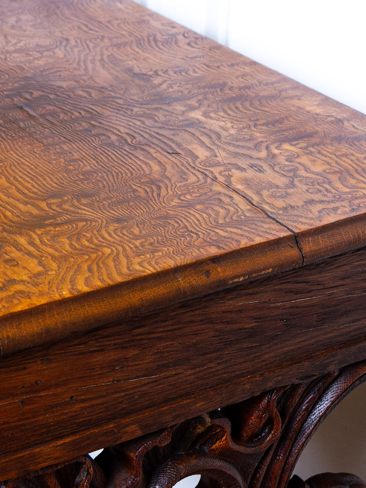 Carved Oak Console Table with Curly Heart Pine Top
