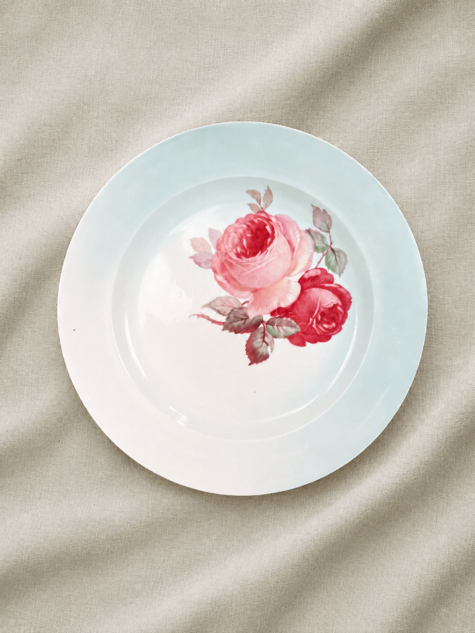 A white ceramic plate with a delicate light blue rim and a central floral print of pink and red roses with green leaves, displayed on a beige fabric background.