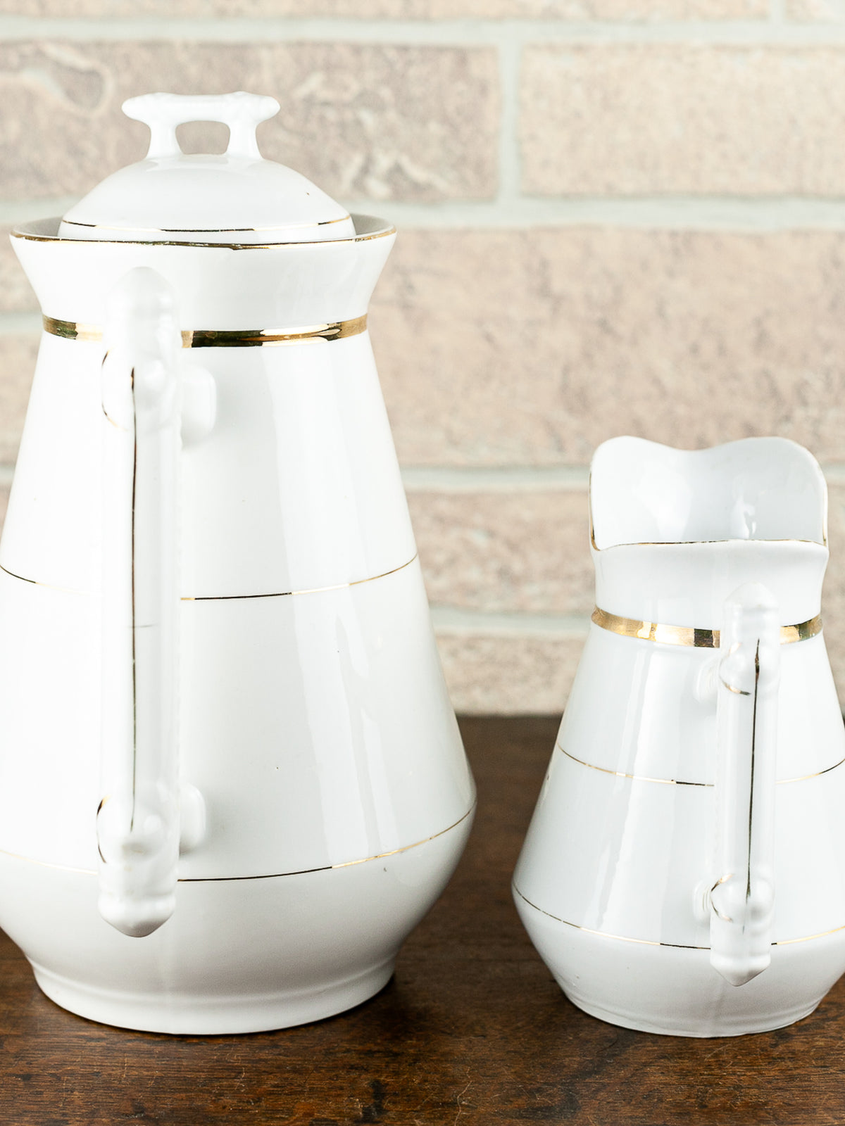 Victorian White Ironstone Coffee Pot & Creamer with Gold Trim, circa 1900