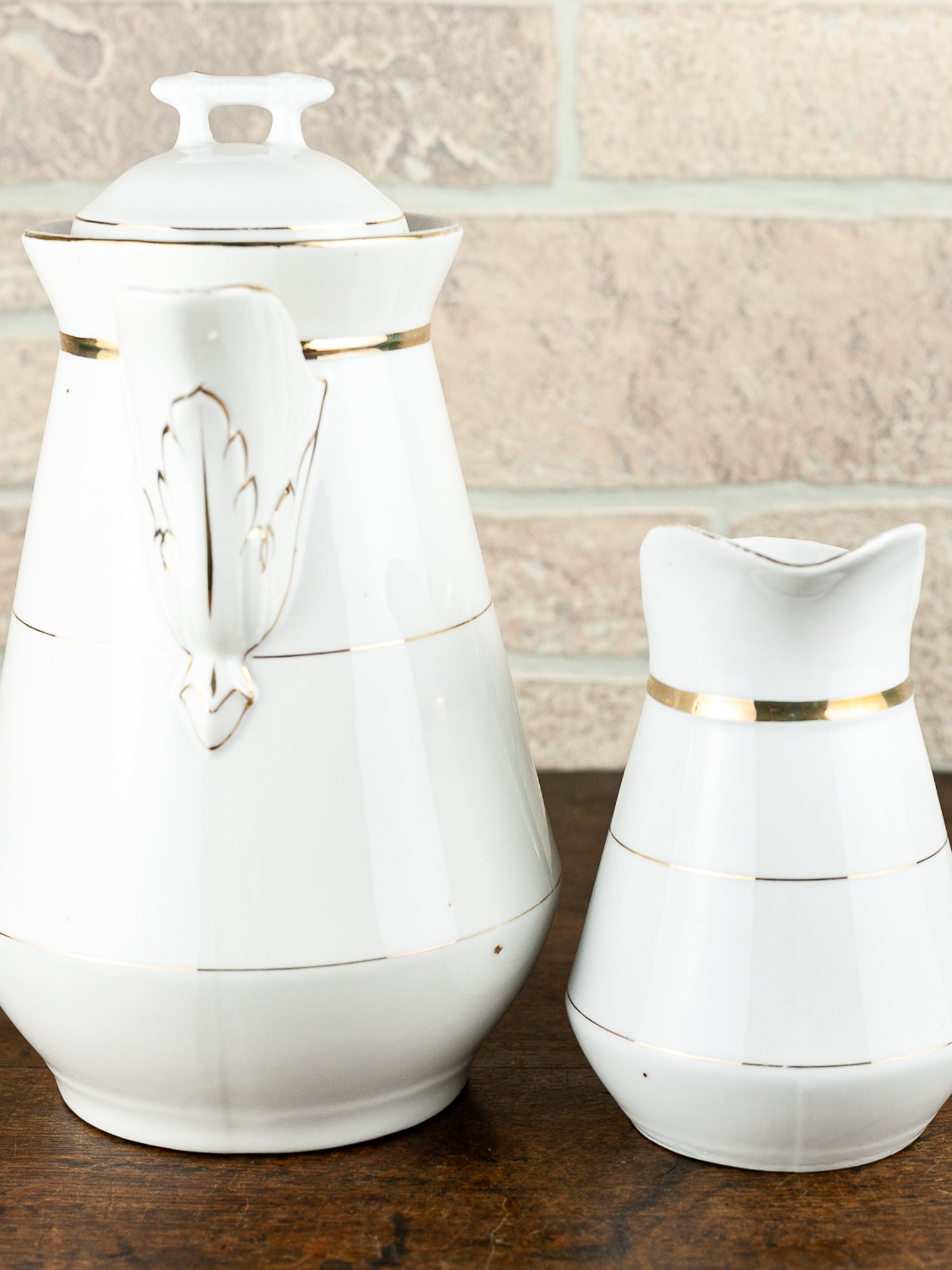 Victorian White Ironstone Coffee Pot & Creamer with Gold Trim, circa 1900