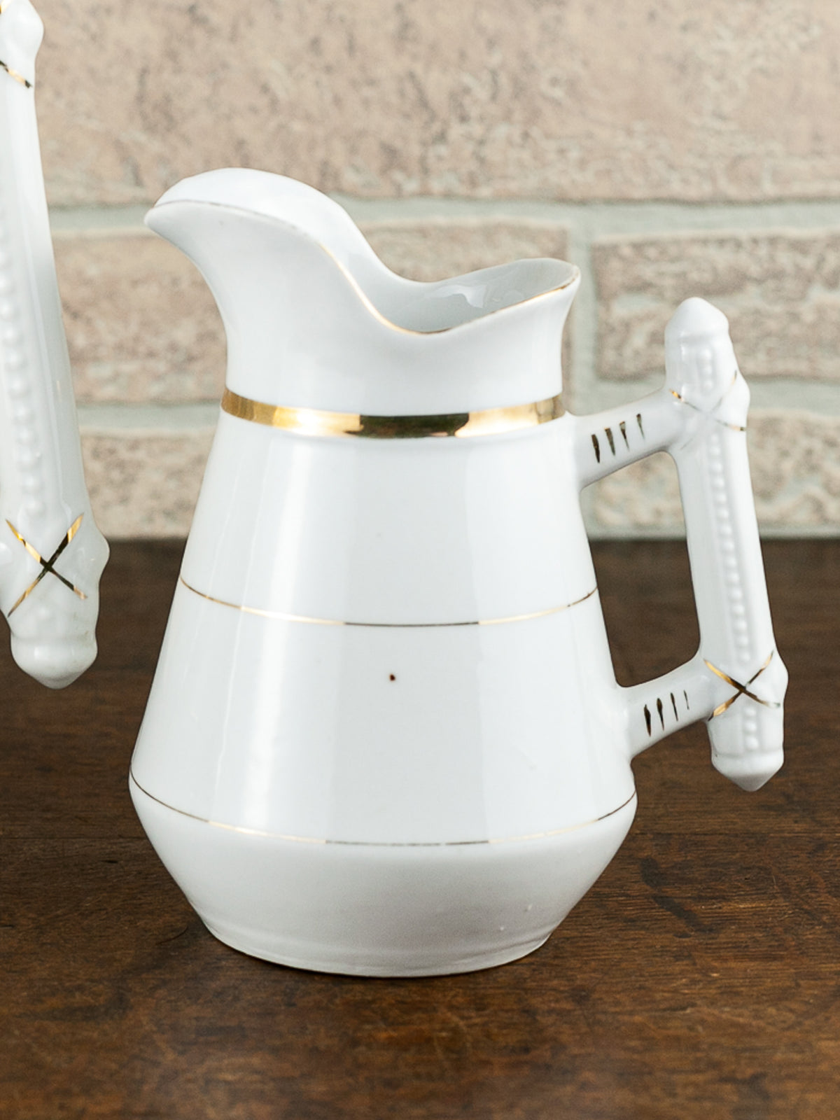 Victorian White Ironstone Coffee Pot & Creamer with Gold Trim, circa 1900
