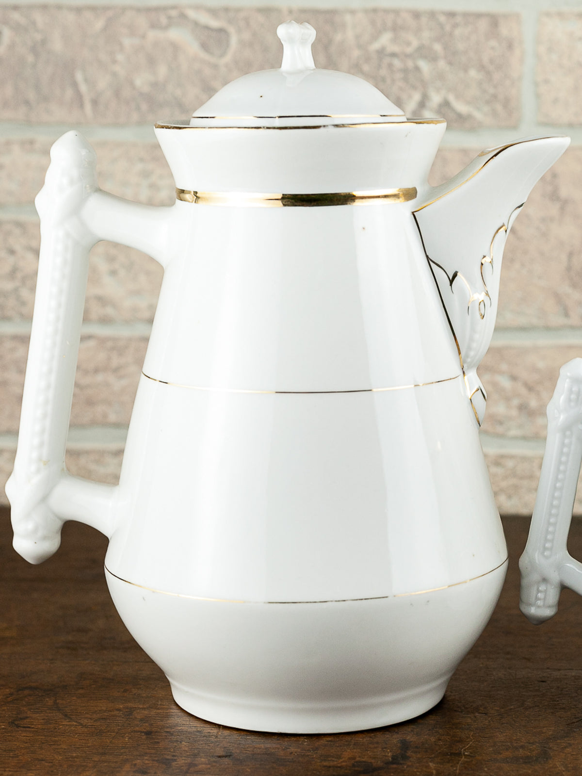 Victorian White Ironstone Coffee Pot & Creamer with Gold Trim, circa 1900