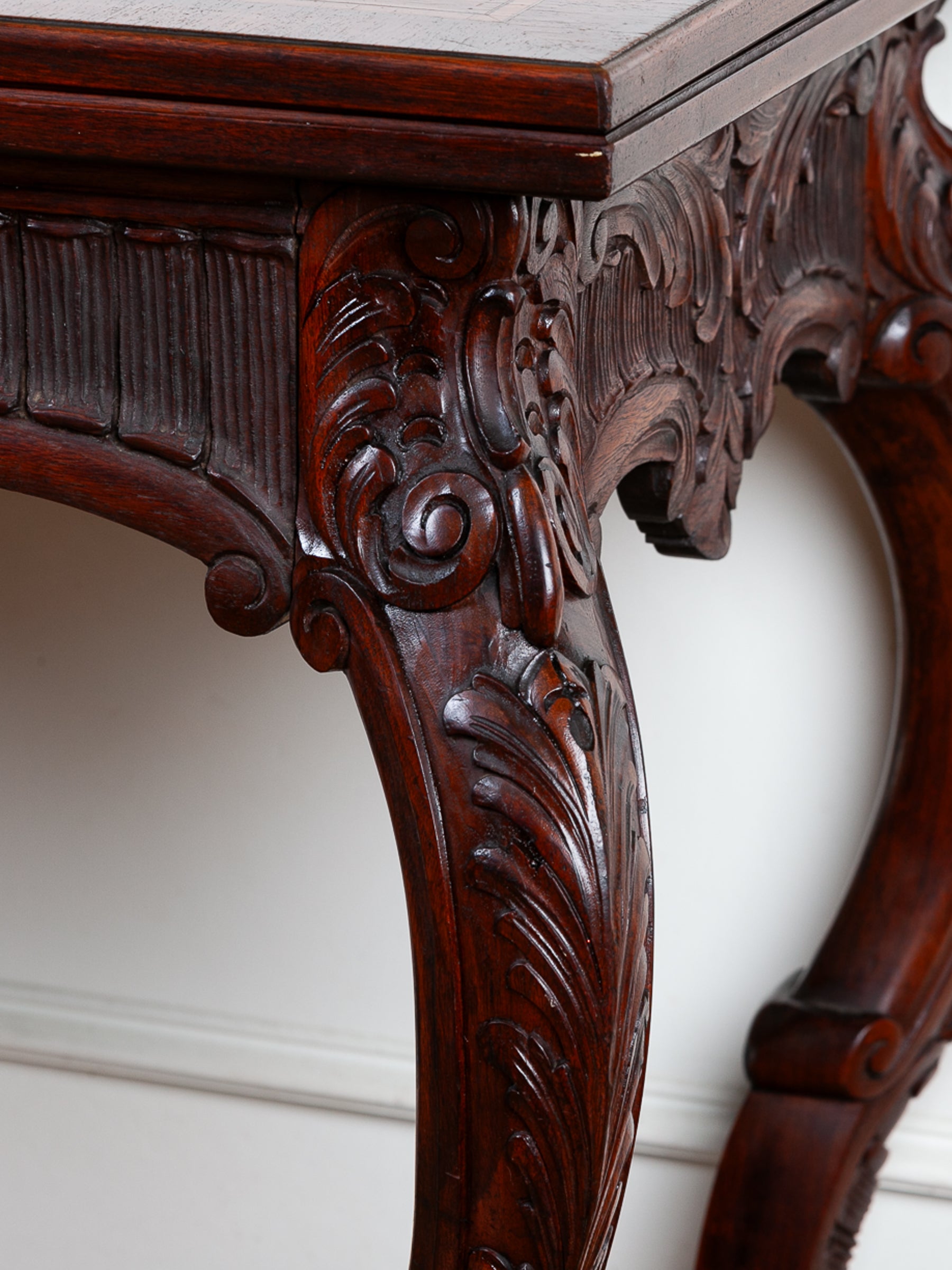 Carved Fold-Over Console Table with Hidden Drawer