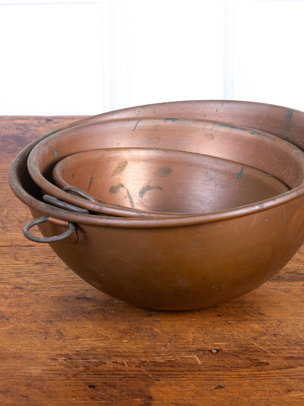 Set of Three Antique Copper Nesting Mixing Bowls