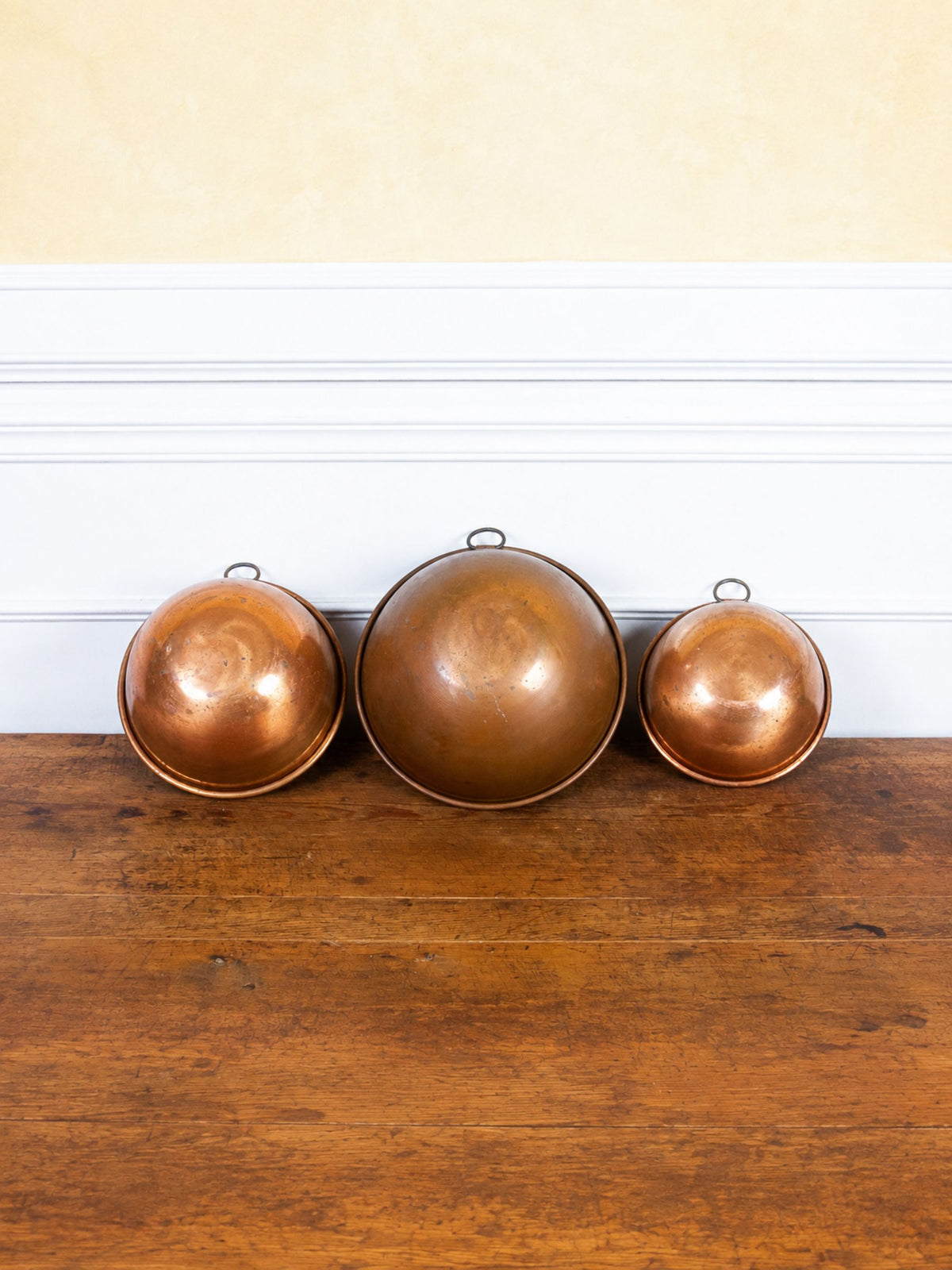 Set of Three Antique Copper Nesting Mixing Bowls