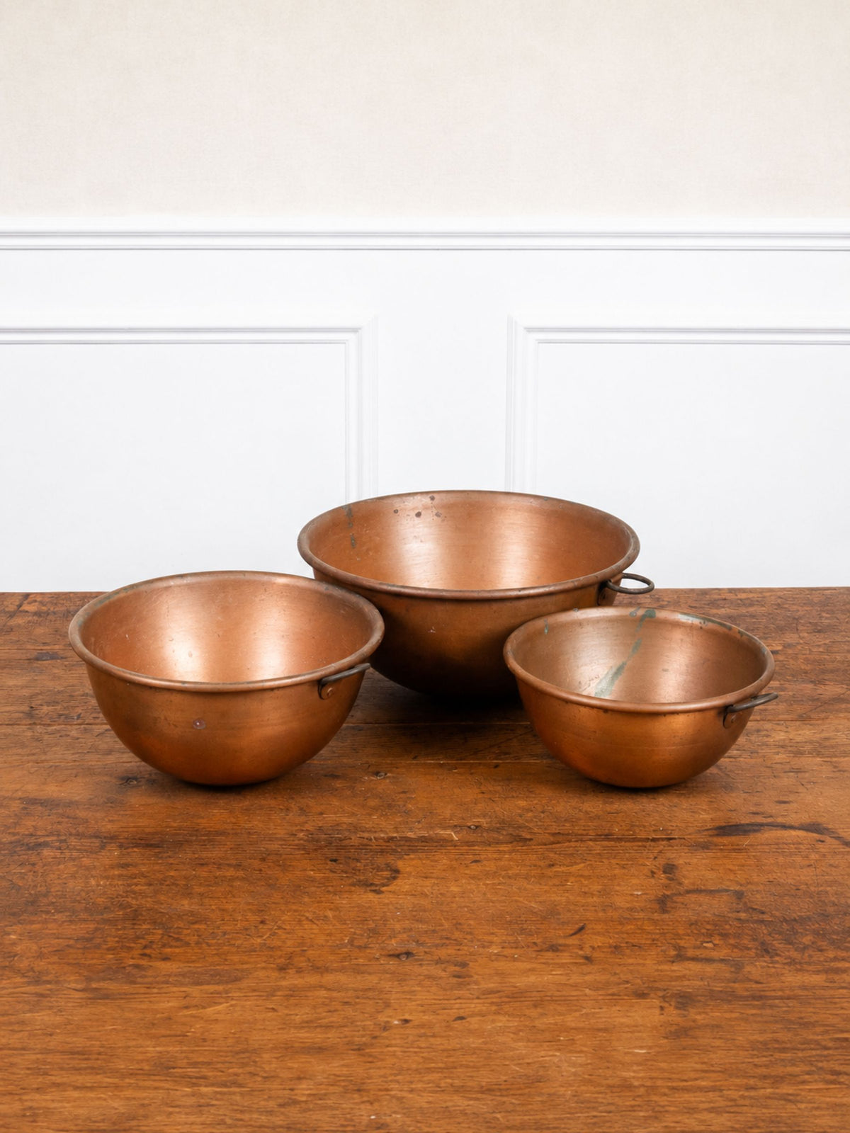 Set of Three Antique Copper Nesting Mixing Bowls