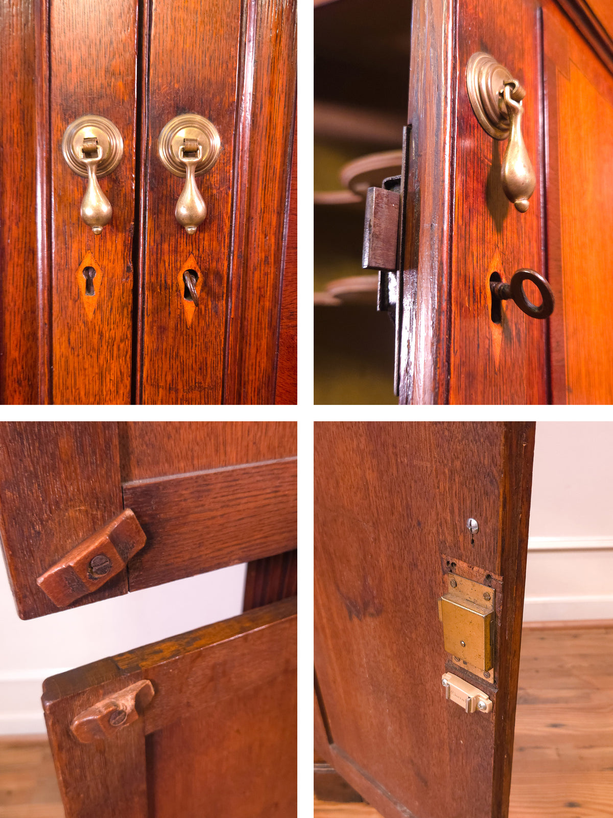 Antique English Georgian Oak Corner Cabinet Circa 1800 with Marquetry Inlay & Mahogany Crossbanding