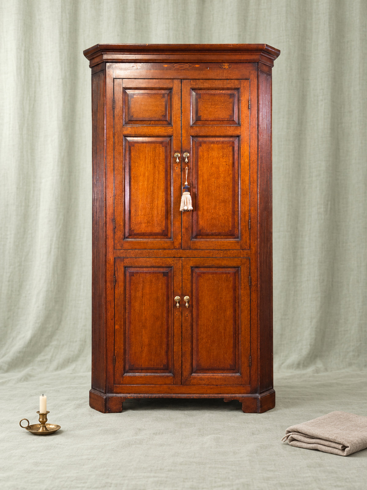 Antique English Georgian Oak Corner Cabinet Circa 1800 with Marquetry Inlay & Mahogany Crossbanding