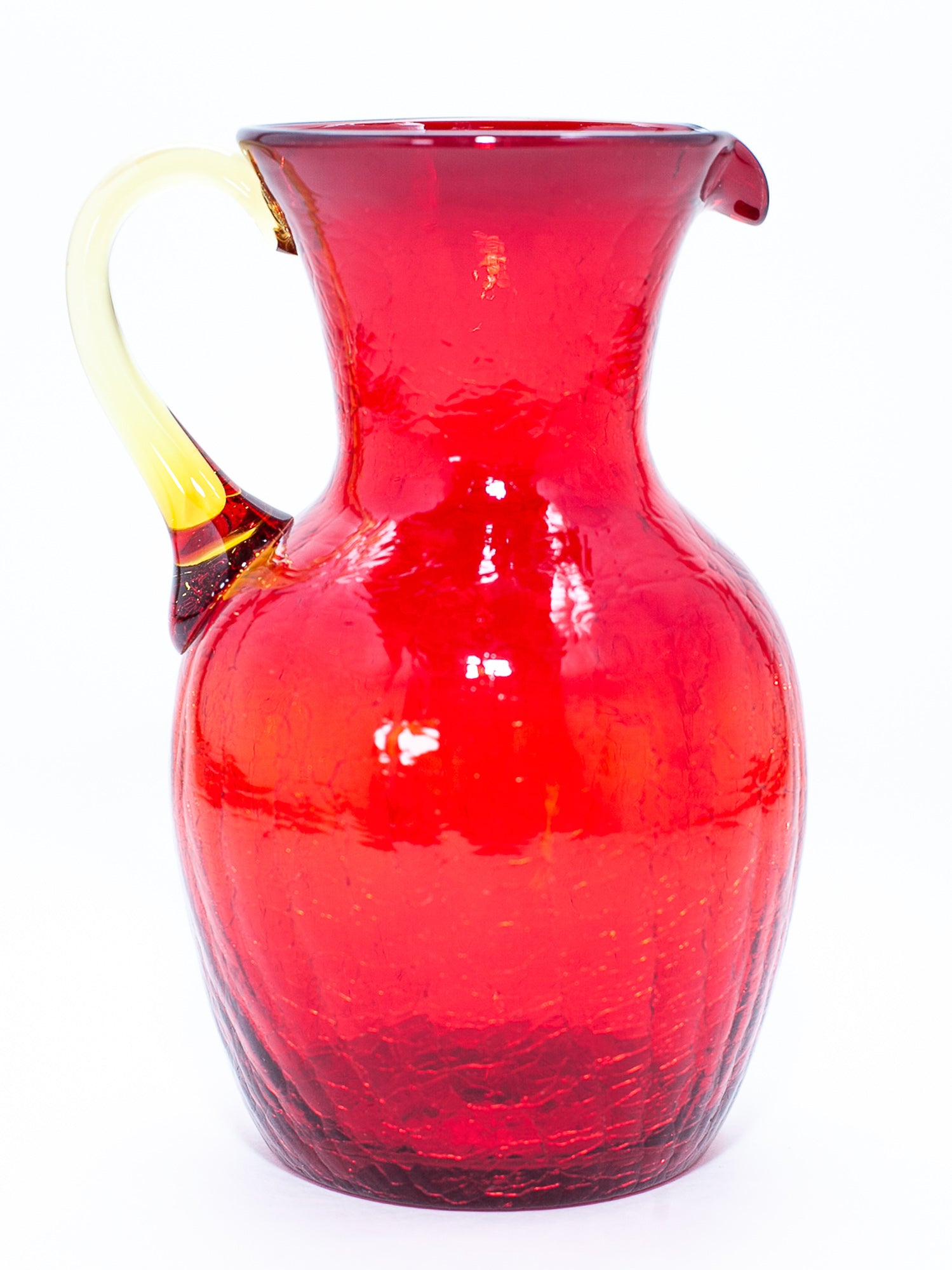 Vintage Cranberry Red Crackle Glass Pitcher with Amber Handle