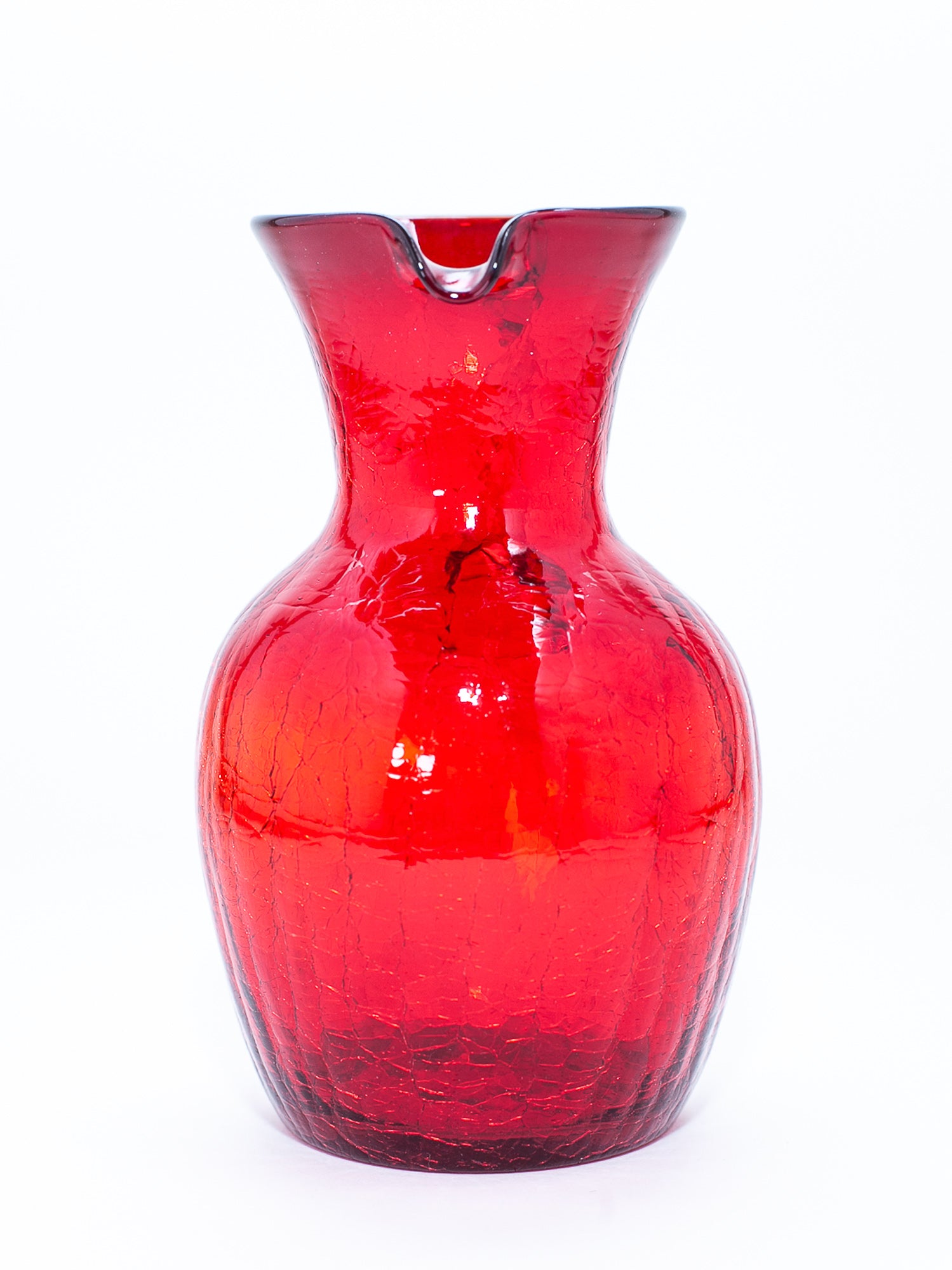 Vintage Cranberry Red Crackle Glass Pitcher with Amber Handle