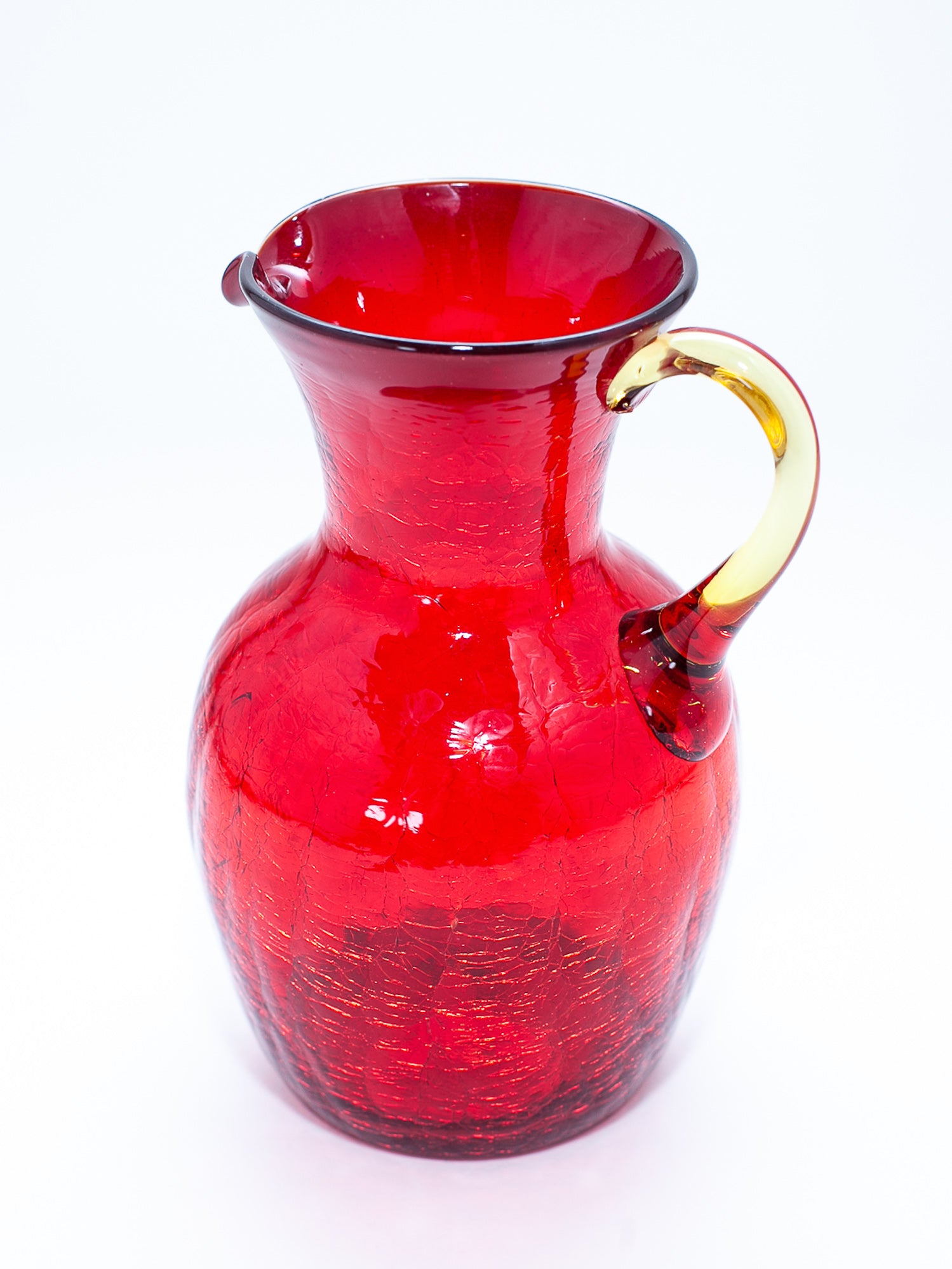 Vintage Cranberry Red Crackle Glass Pitcher with Amber Handle
