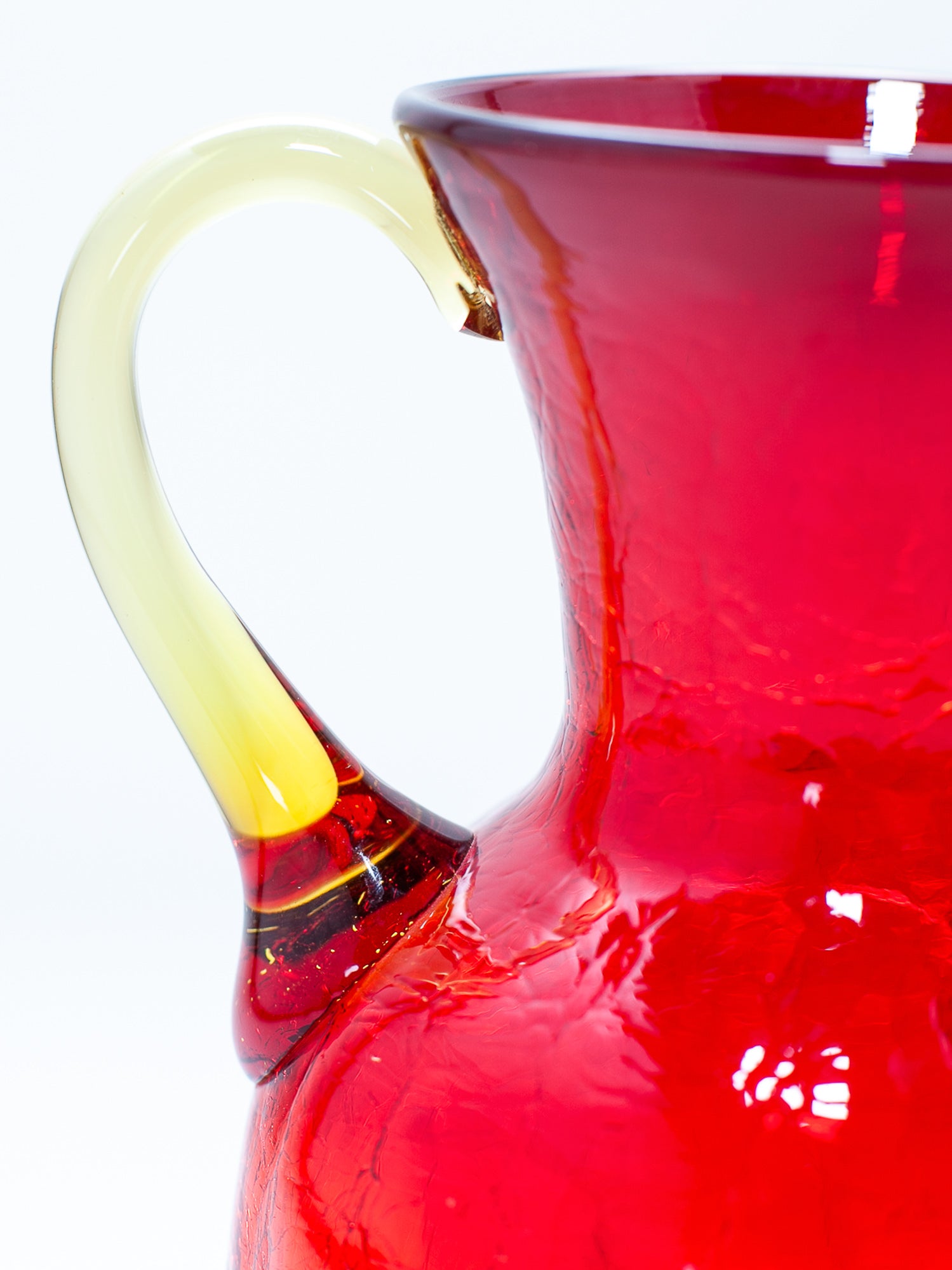 Vintage Cranberry Red Crackle Glass Pitcher with Amber Handle