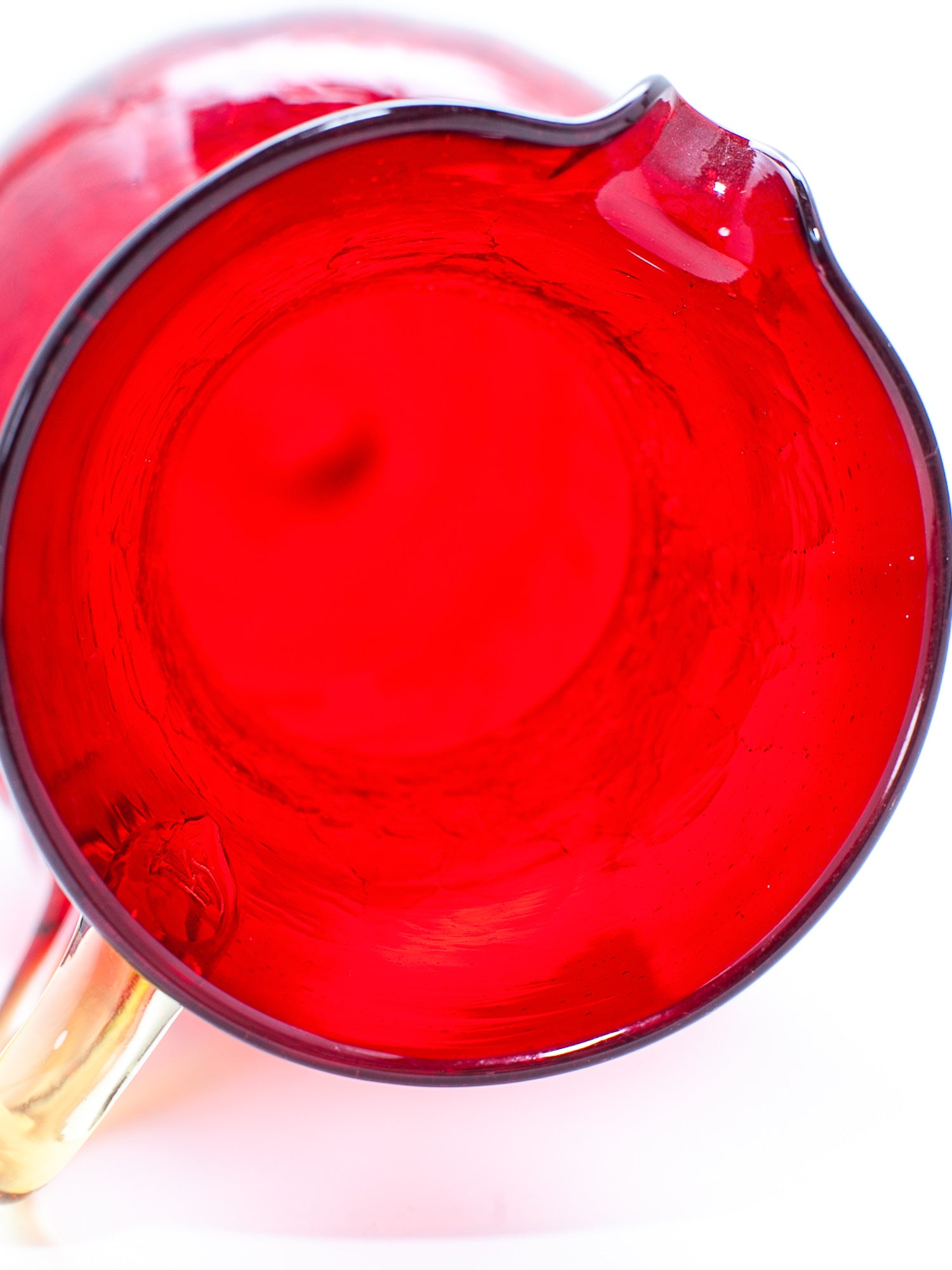 Vintage Cranberry Red Crackle Glass Pitcher with Amber Handle