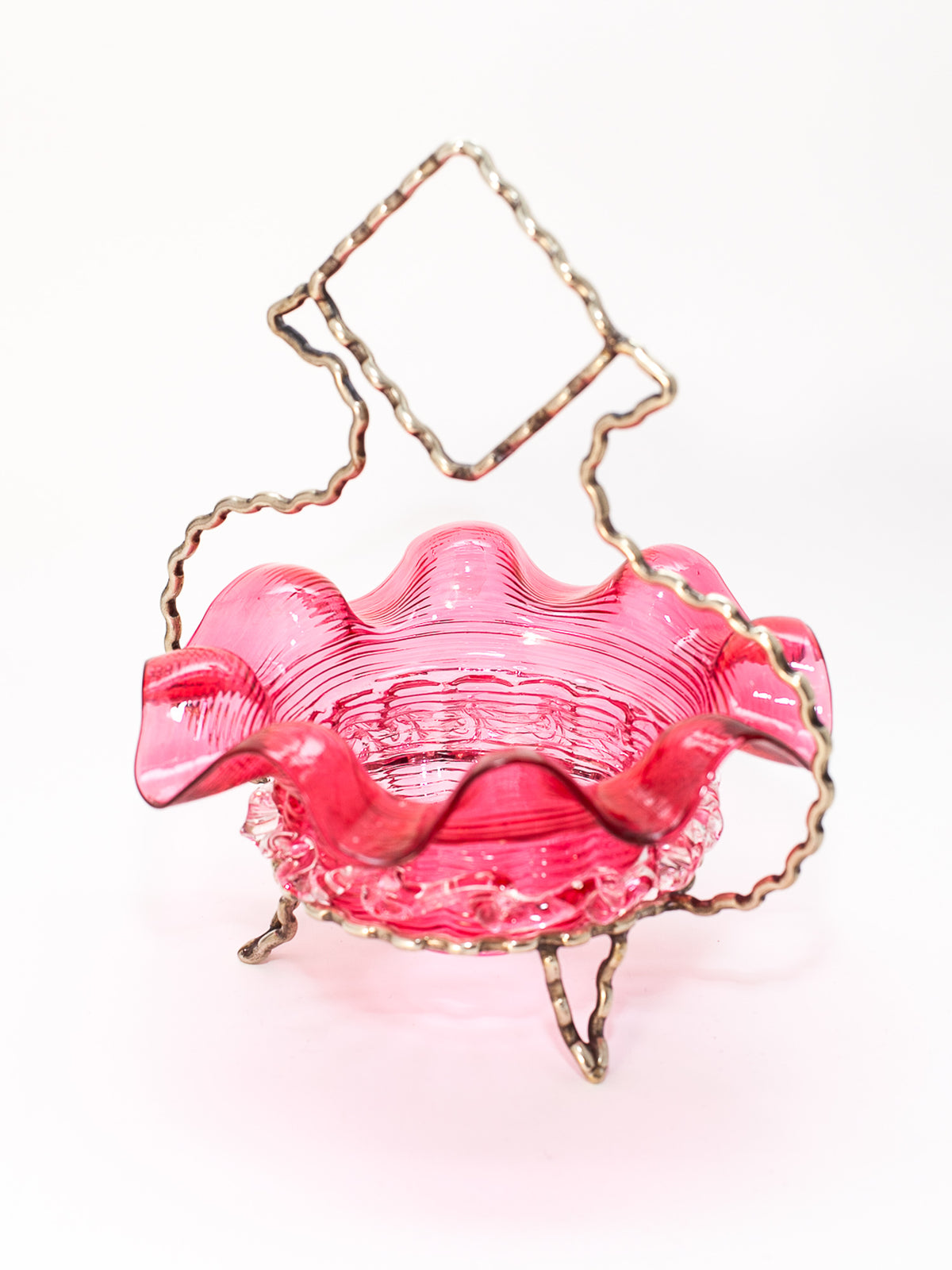 Victorian Cranberry Glass Bowl with Silver-Plated Stand