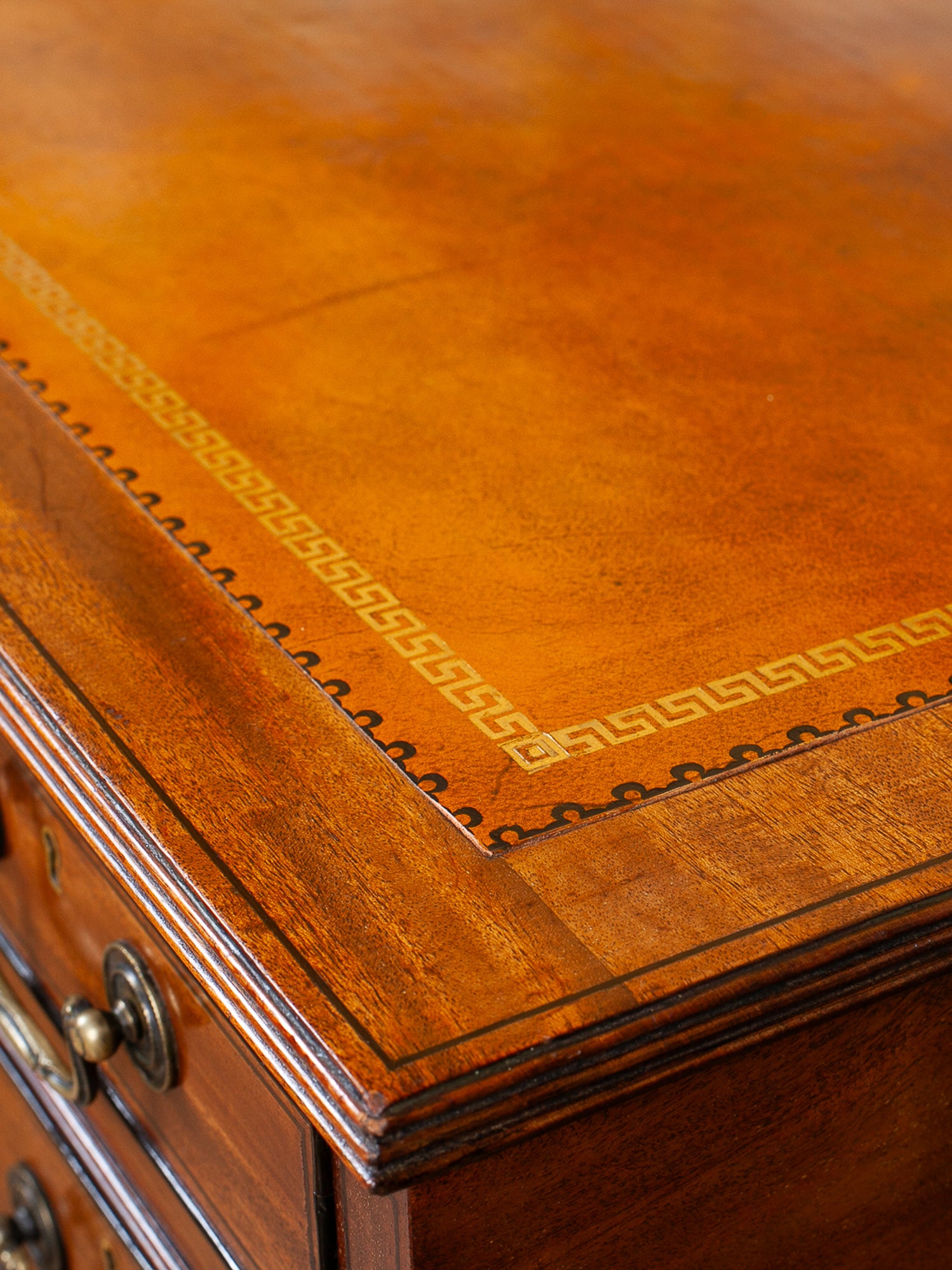 19th Century Mahogany Kneehole Desk with Leather Top & Brass Gallery