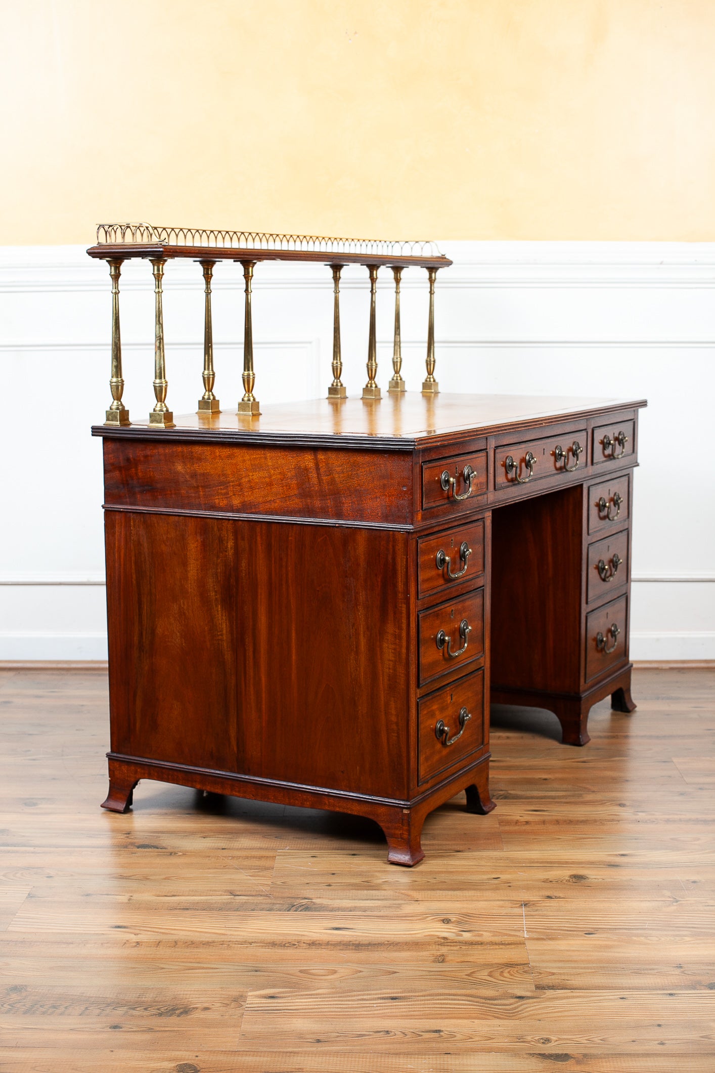 19th Century Mahogany Kneehole Desk with Leather Top & Brass Gallery