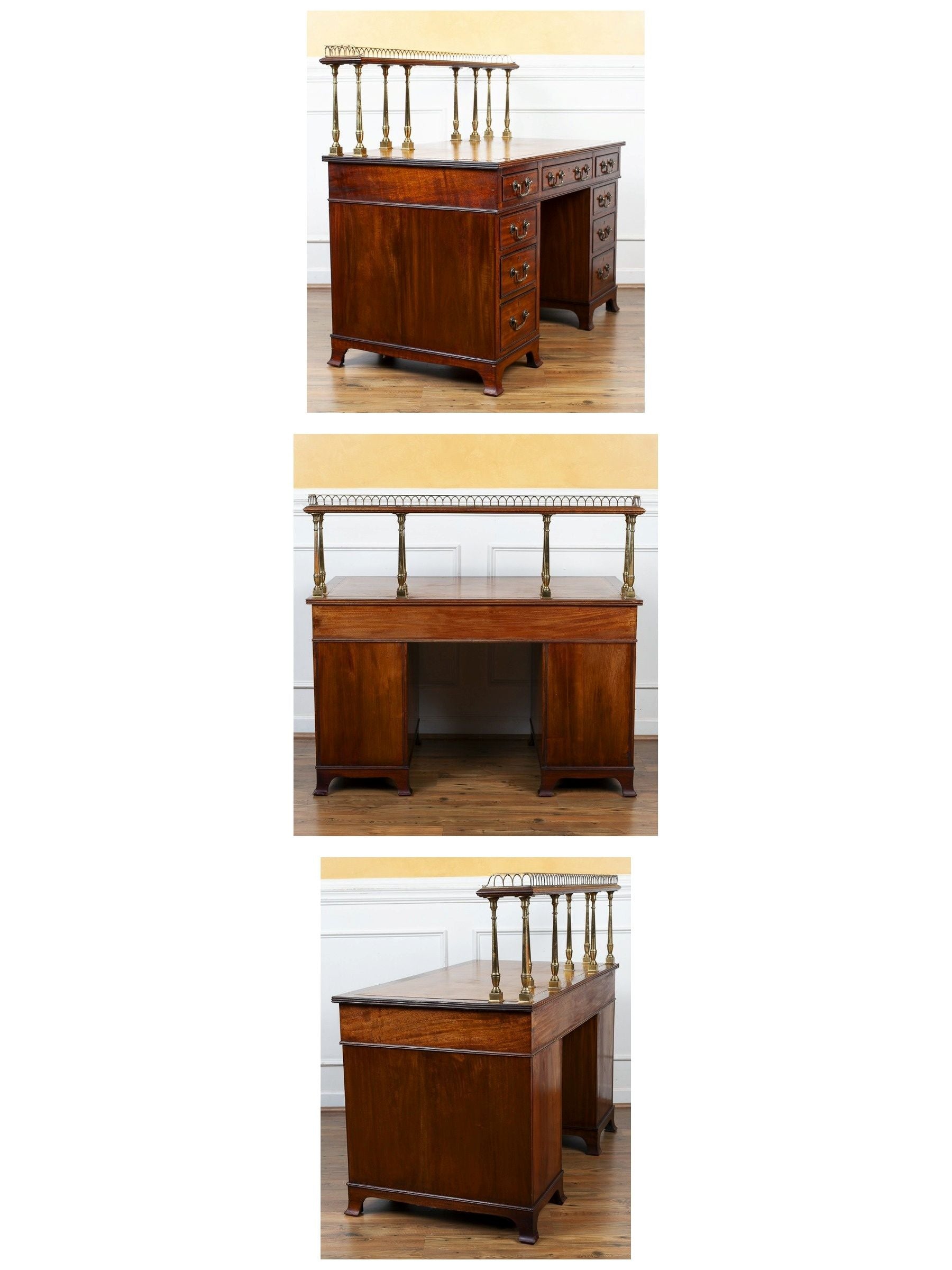 19th Century Mahogany Kneehole Desk with Leather Top & Brass Gallery