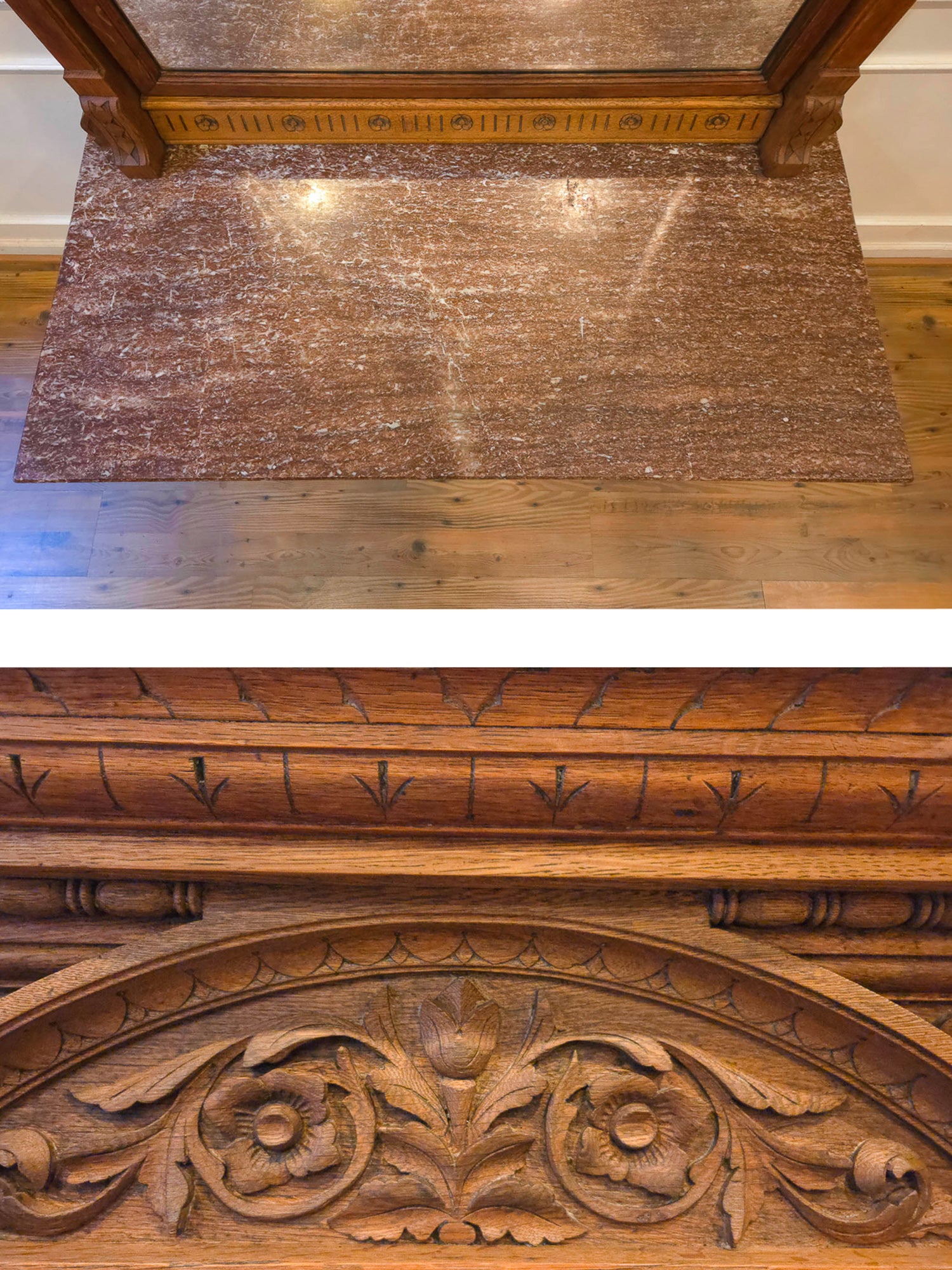 Late 19th Century American Carved Oak Dresser with Rose Marble & Swivel Mirror