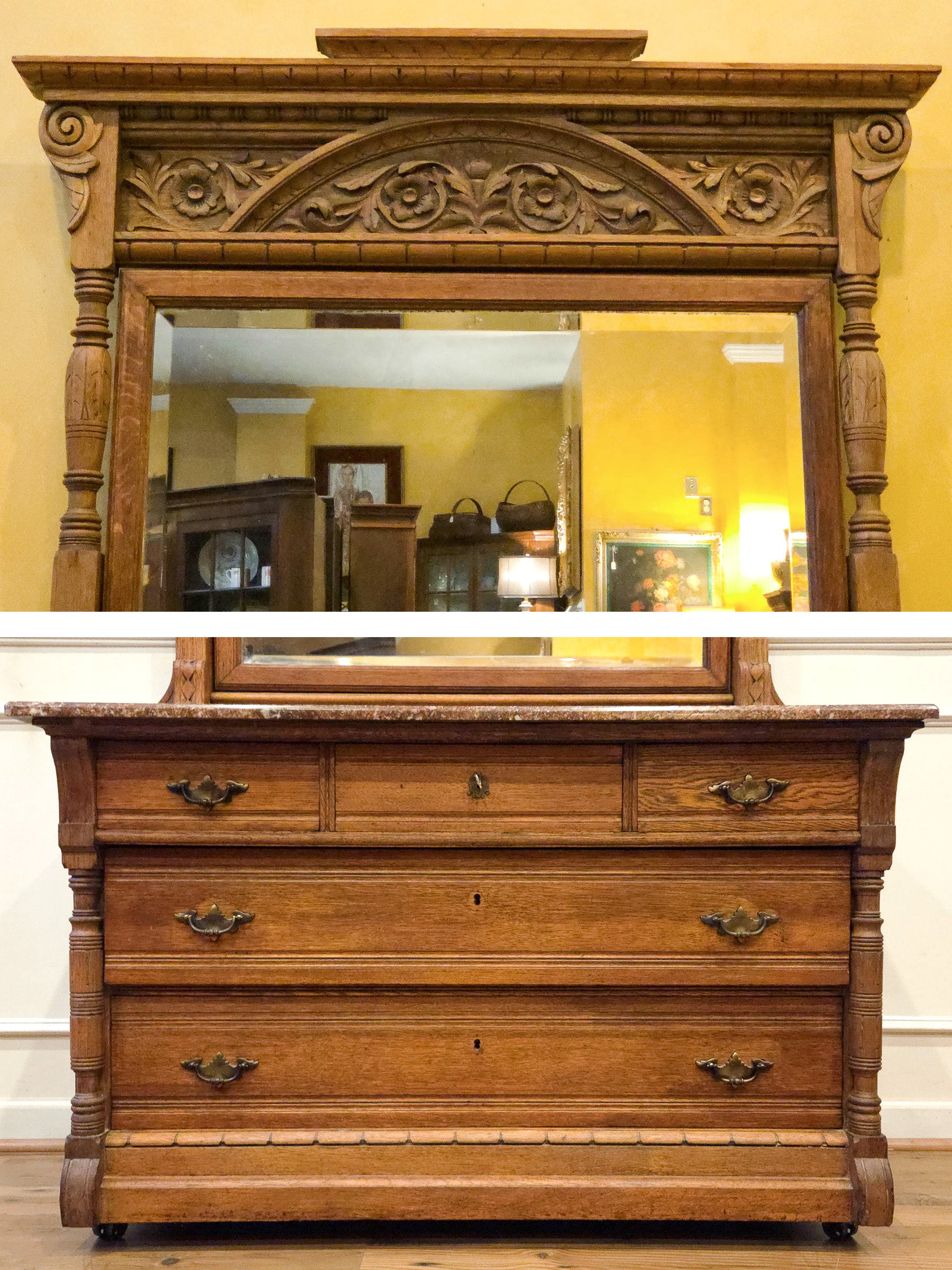 Late 19th Century American Carved Oak Dresser with Rose Marble & Swivel Mirror