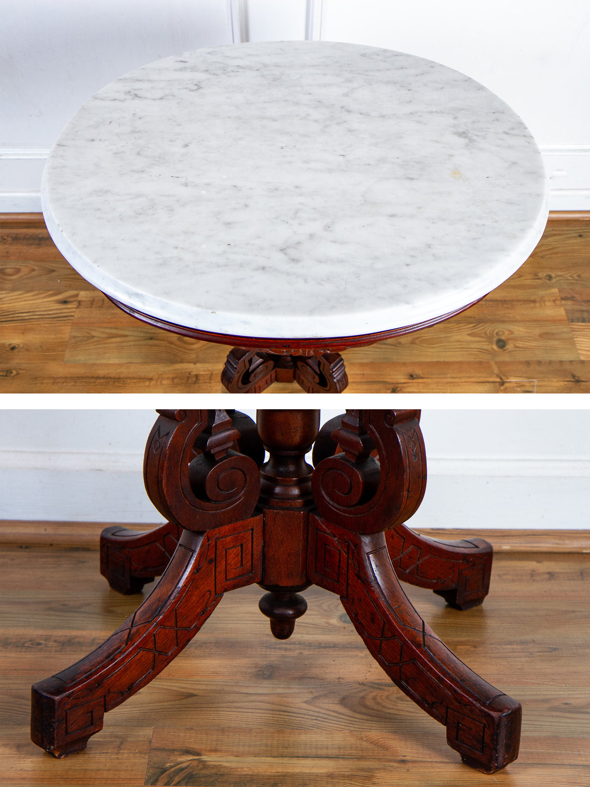 19th Century American Eastlake Carved Walnut Marble-Top Pedestal Side Table