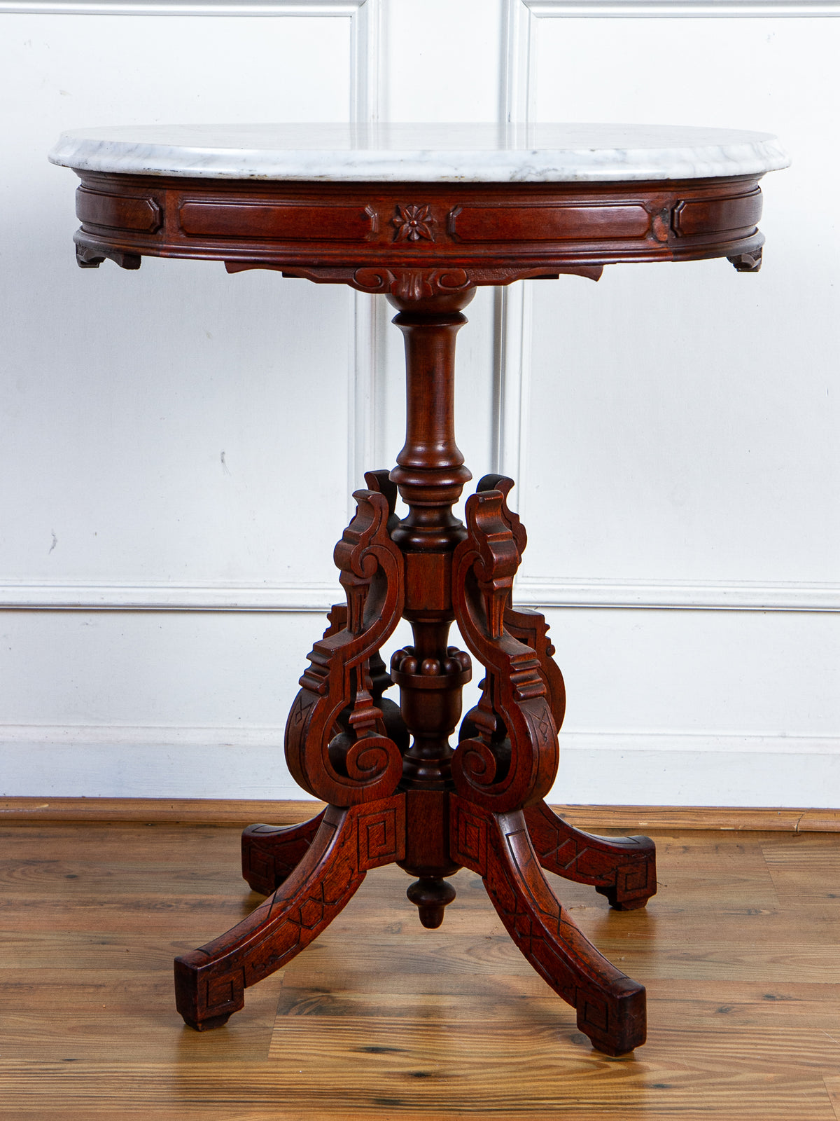 19th Century American Eastlake Carved Walnut Marble-Top Pedestal Side Table