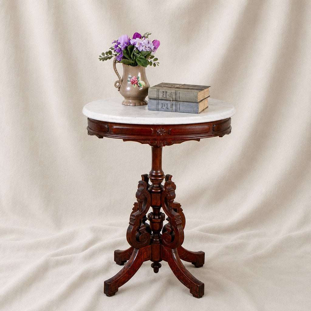19th Century American Eastlake Carved Walnut Marble-Top Pedestal Side Table