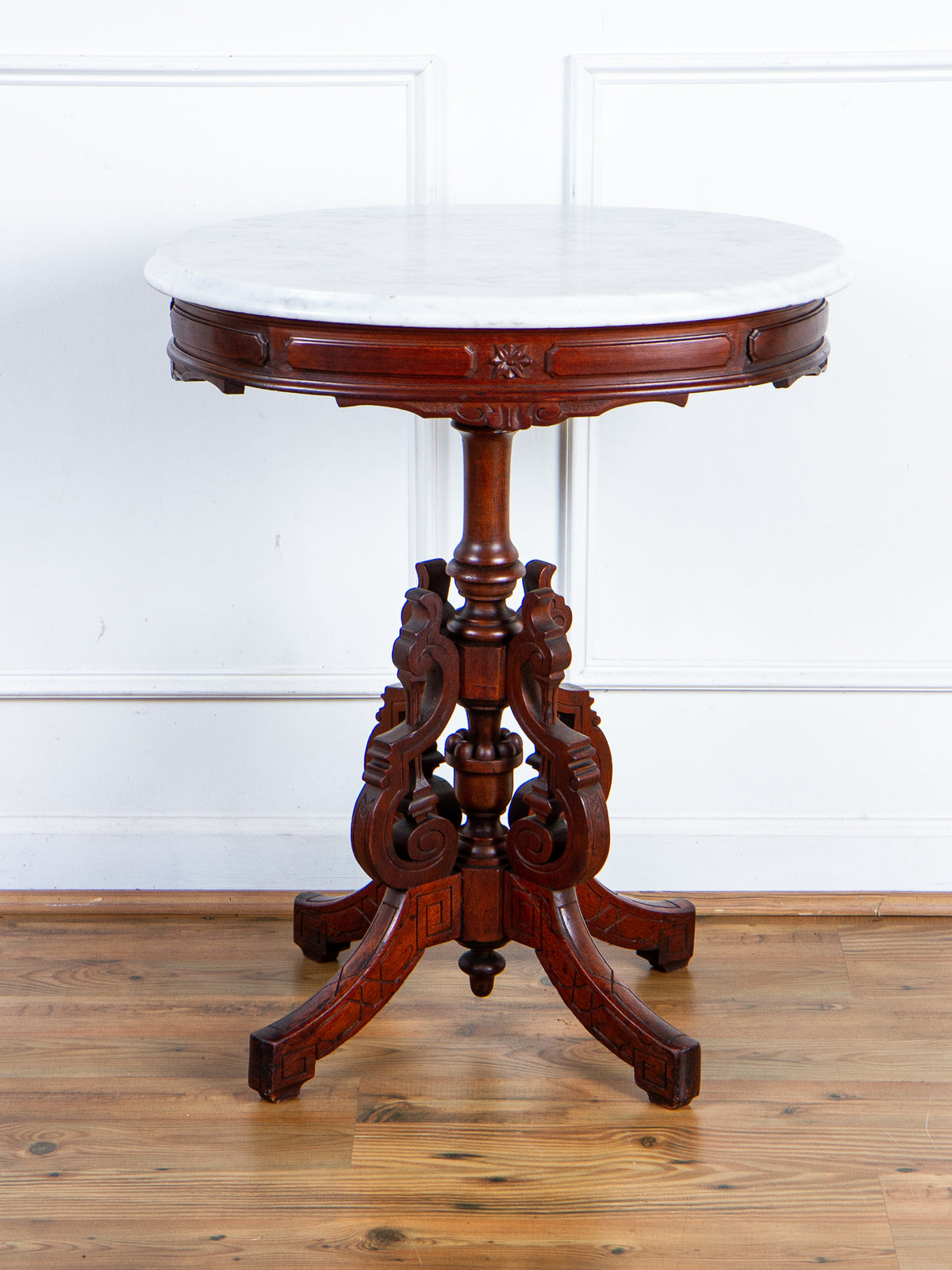 19th Century American Eastlake Carved Walnut Marble-Top Pedestal Side Table