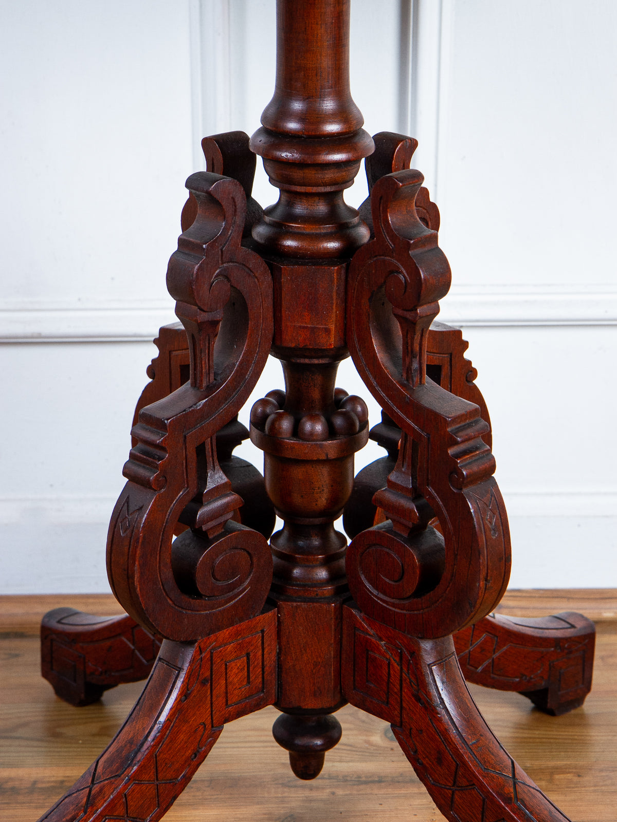 19th Century American Eastlake Carved Walnut Marble-Top Pedestal Side Table
