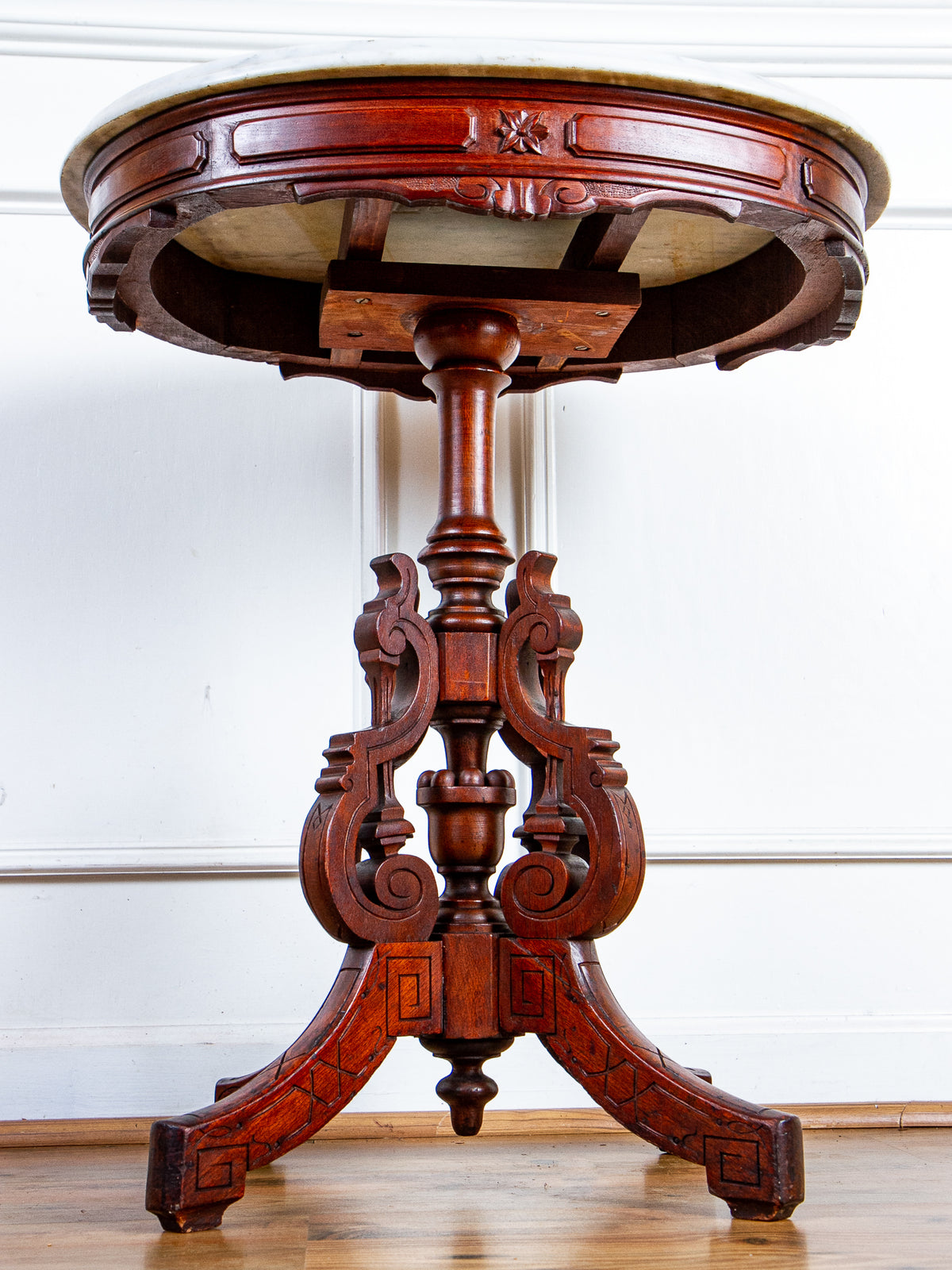 19th Century American Eastlake Carved Walnut Marble-Top Pedestal Side Table