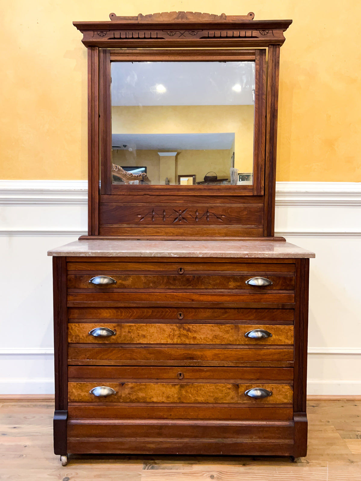 Late 19th Century Eastlake Walnut Marble Top Dresser with Mirror