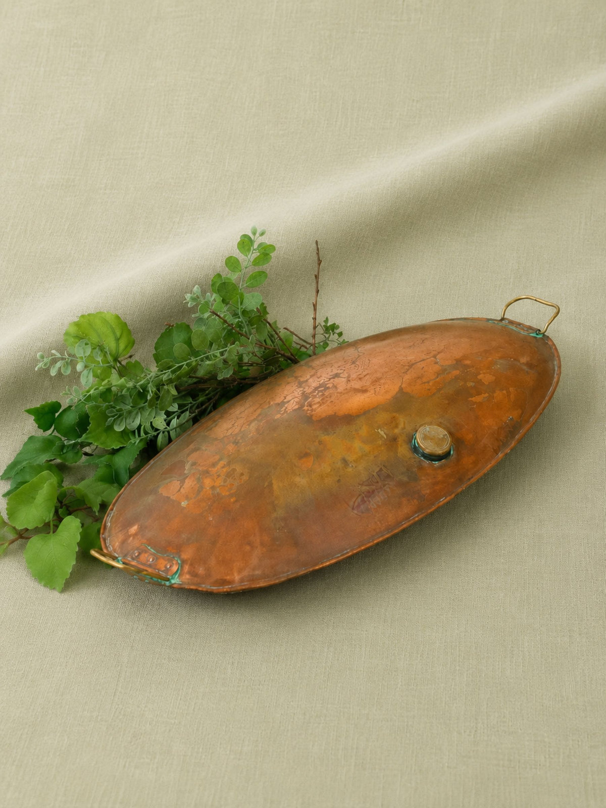 Rare Oversized Antique English Copper Hot Water Bottle Bed Warmer with Brass Handles