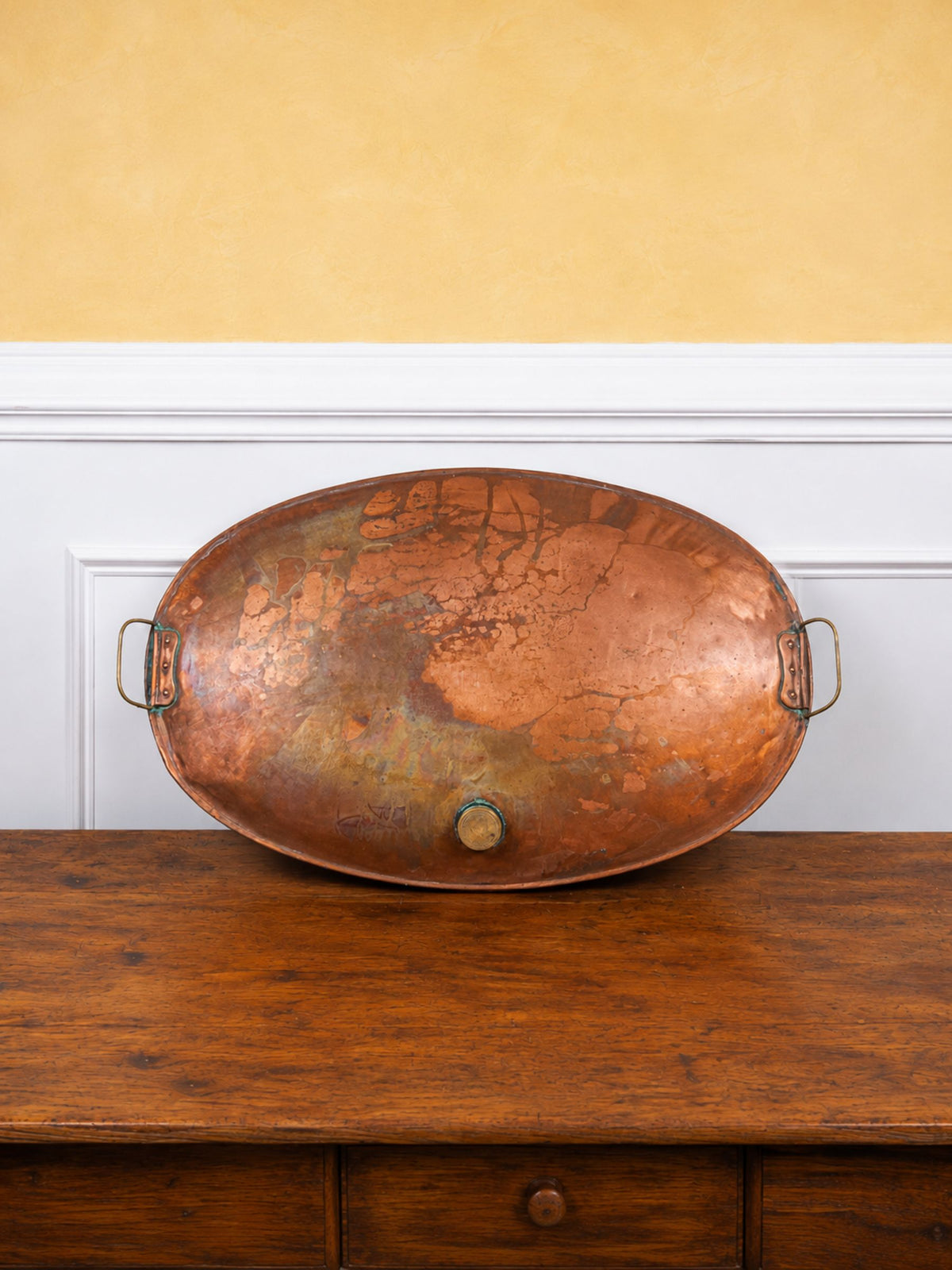 Rare Oversized Antique English Copper Hot Water Bottle Bed Warmer with Brass Handles