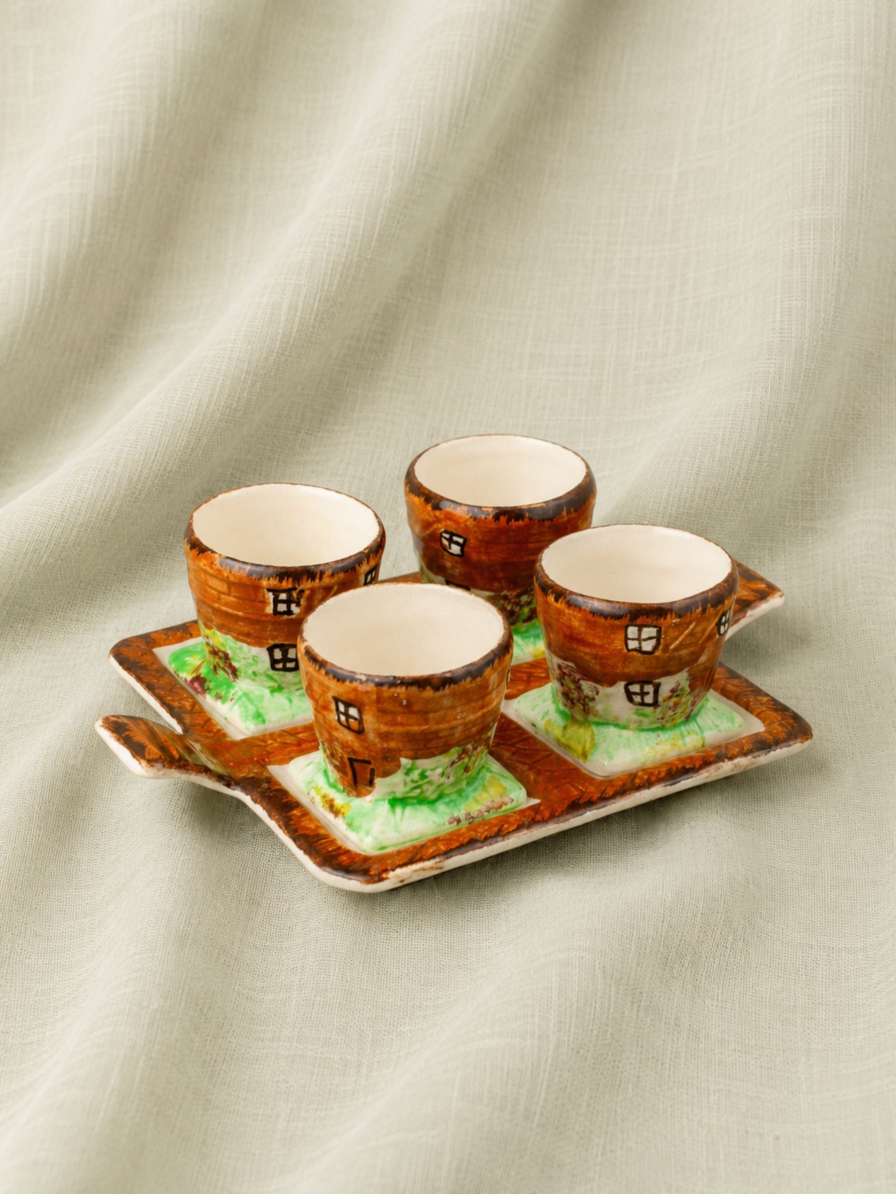 Vintage English Cottage Ware 4 Egg Cups and Tray Set, Price Bros, 1940's.