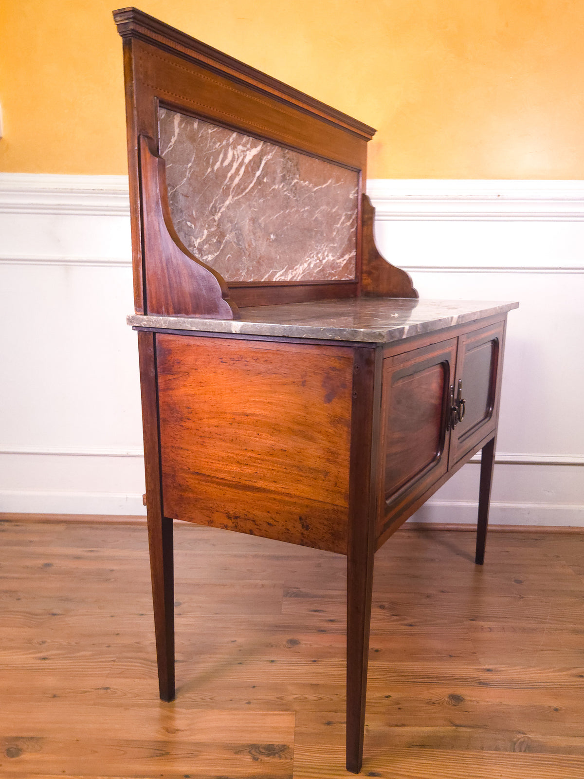 Antique English Inlaid Mahogany, Marble Top and Back, Washstand c.1900