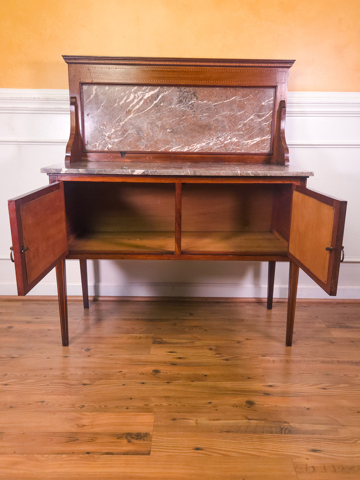 Antique English Inlaid Mahogany, Marble Top and Back, Washstand c.1900