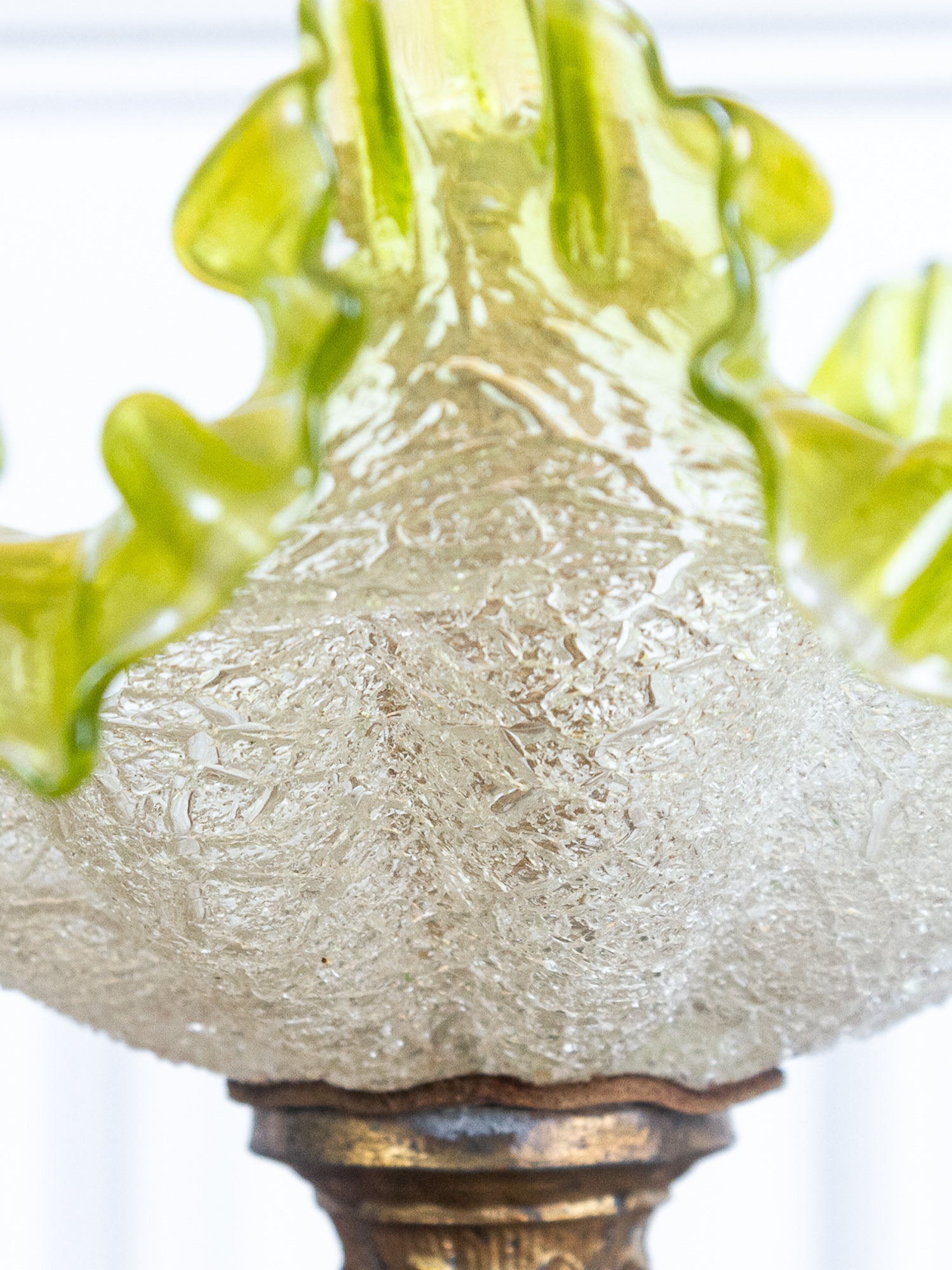 Antique Ruffled Epergne Green & Pink Crackled Art Glass with Ornate Bronze Base